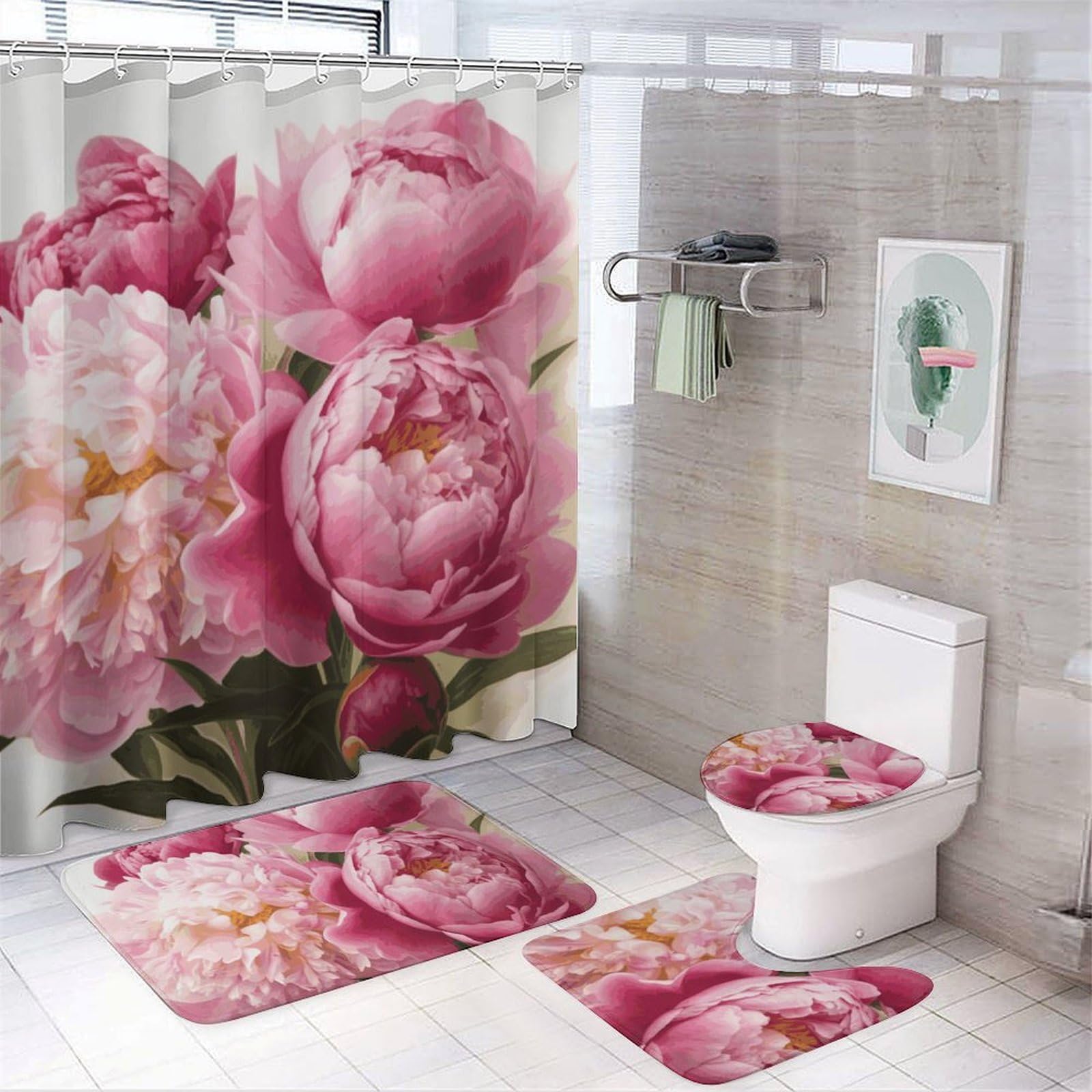Ensemble de salle de bain 4 pièces avec tapis antidérapant et housse de toilette en polaire