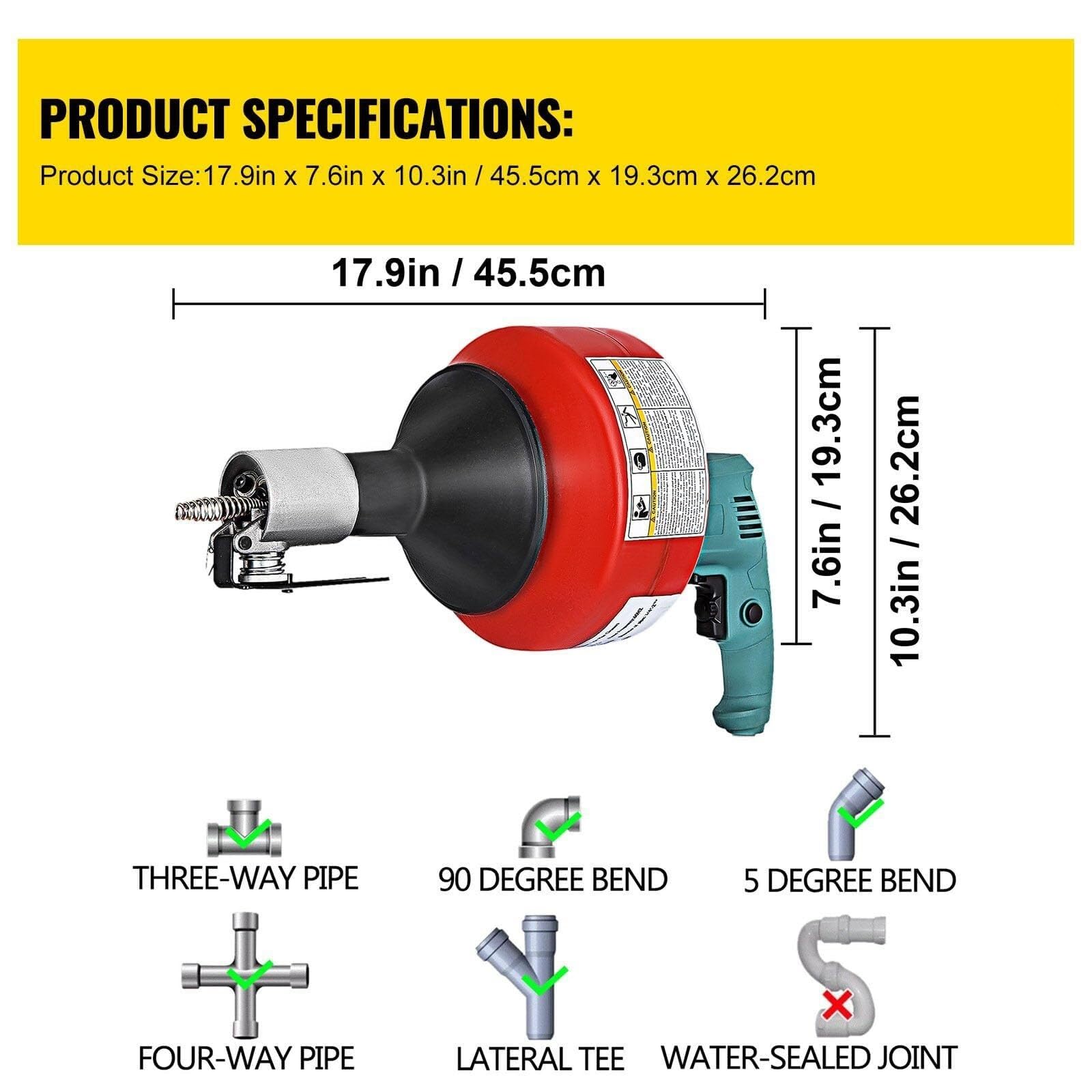Déboucheur électrique Portable pour canalisations, câble de 7,9 m x 6,35 mm, débouche Les canalisations des éviers, baignoires, Toilettes et Cuisines, 700 W, Rouge