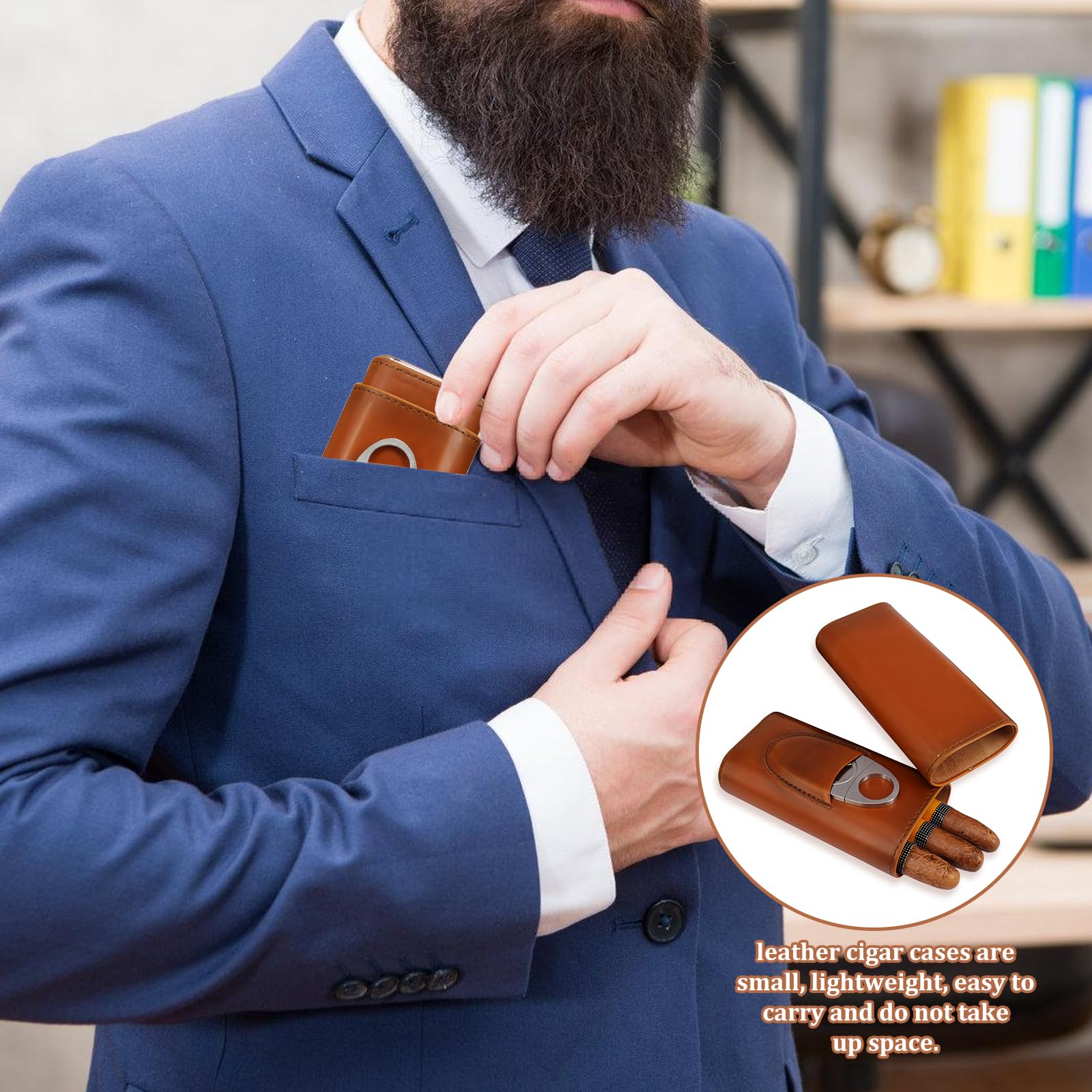 Etui na cygara, skórzane etui na 3 cygara, przenośny humidor z krajalnicą do cygar, pudełko na cygara wyłożone drewnem cedrowym, etui na cygara, nadaje się do podróży, na krótkie wycieczki