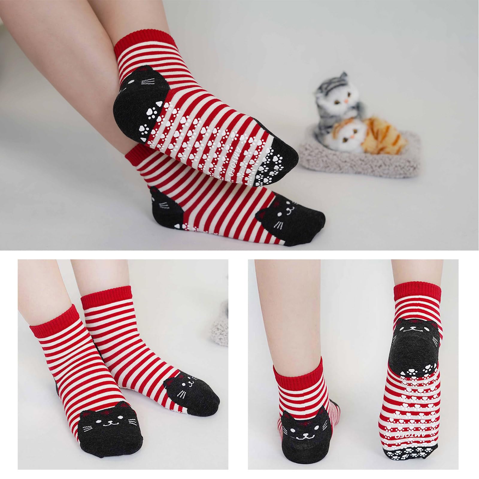 ZFSOCK Calzini Antiscivolo Donna Fantasia: Calze Non Scivolare con Grip Divertenti Colorate Gatto Animali Motivo per Fitness Sport Ospedale 5 Paia Taglia EU 35-42