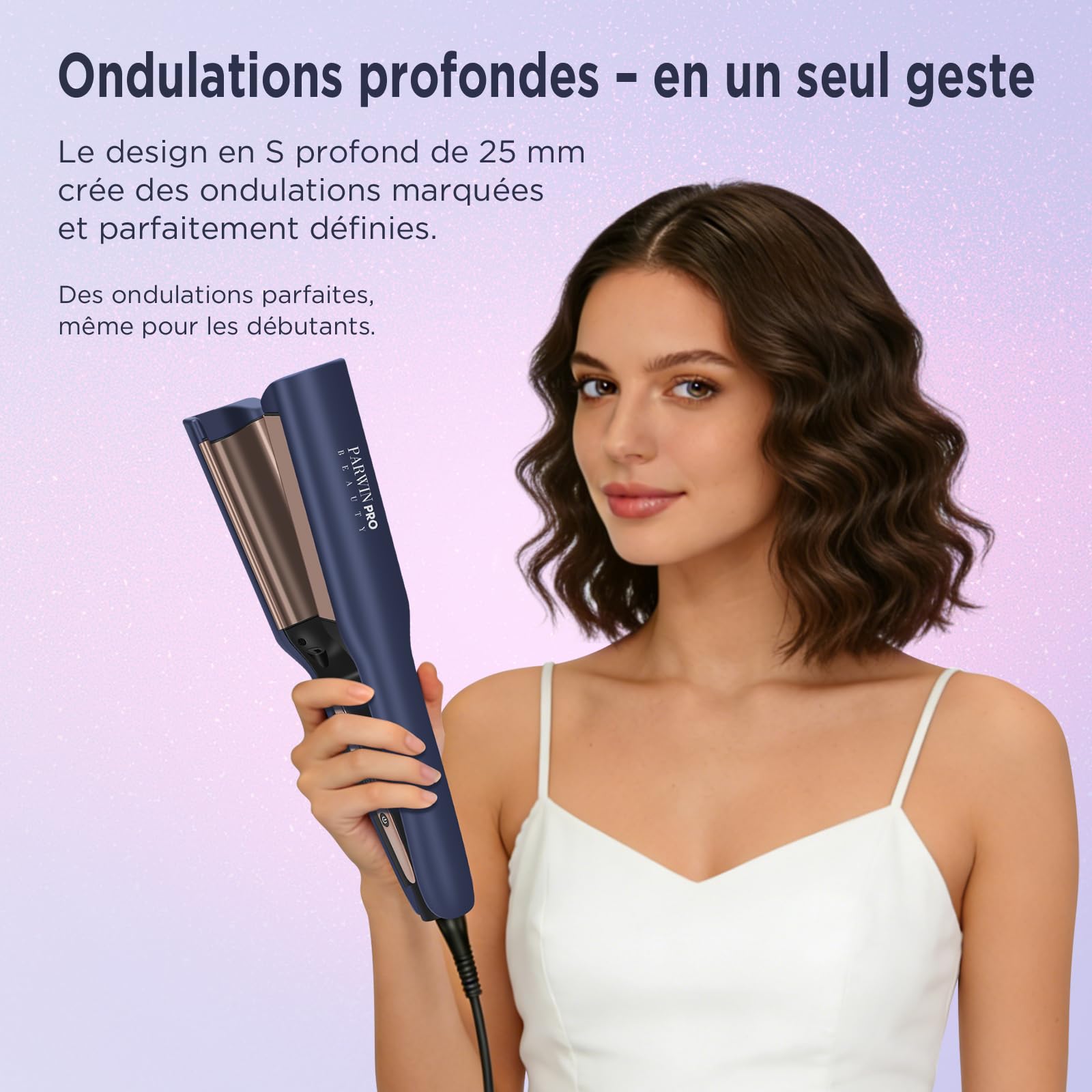 Fer à Onduler Deep Waves 25 mm Mermaid Waves, PARWIN PRO BEAUTY Fer à Boucler Double Cylindre Beach Waves, 3 Niveaux de Minuterie (6/8/10 s) & Écran LED, 4 Températures Réglables, Léger 350 g