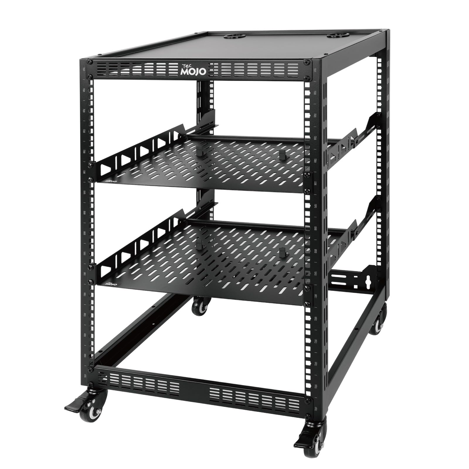 Tecmojo 19 Zoll 16HE Open Frame 19-Zoll-Netzwerk-Rack für Server und AV-Geräte, Stand- und Wandmontage möglich, Netzwerk-Schrank 4-Pfosten mit Rollen, mit 2 x 1HE-Einlegeböden und Montagematerial