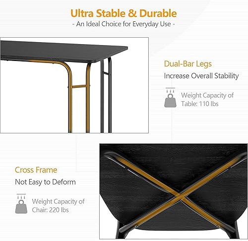 Miniatura 3 de S AFSTAR Juego de mesa de comedor de 5 piezas, juego de mesa rectangular negra y sillas con marco de metal resistente, juego de 4 mesas de comedor y