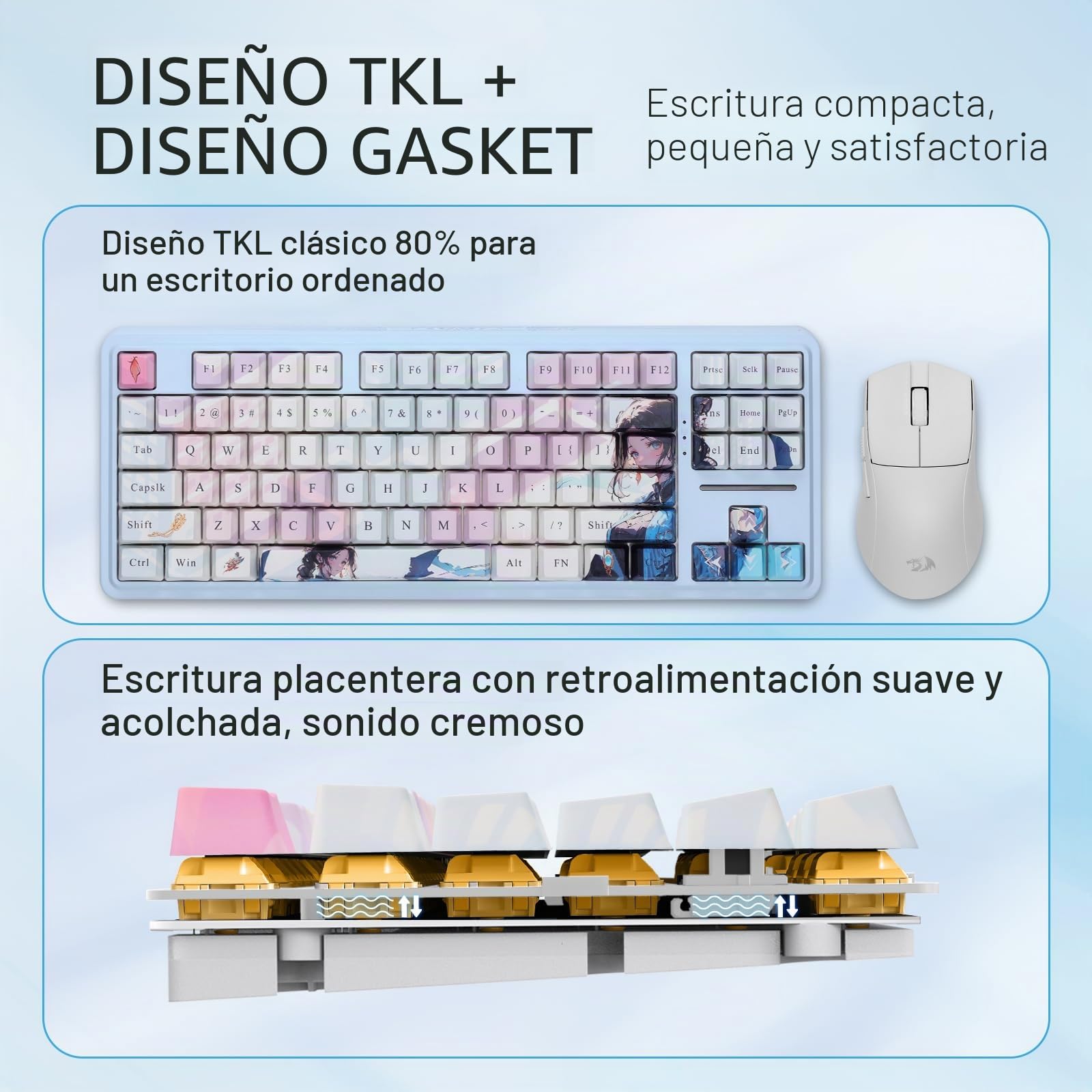Redragon K728 Pro SE Teclado Gaming RGB Gasket 80% Inalámbrico 87 Teclas | 3 Modos Conexión Hot Swap Sockets 5 Capas Amortiguación Ruido Interruptores Lineales Hi-Fi US Layout