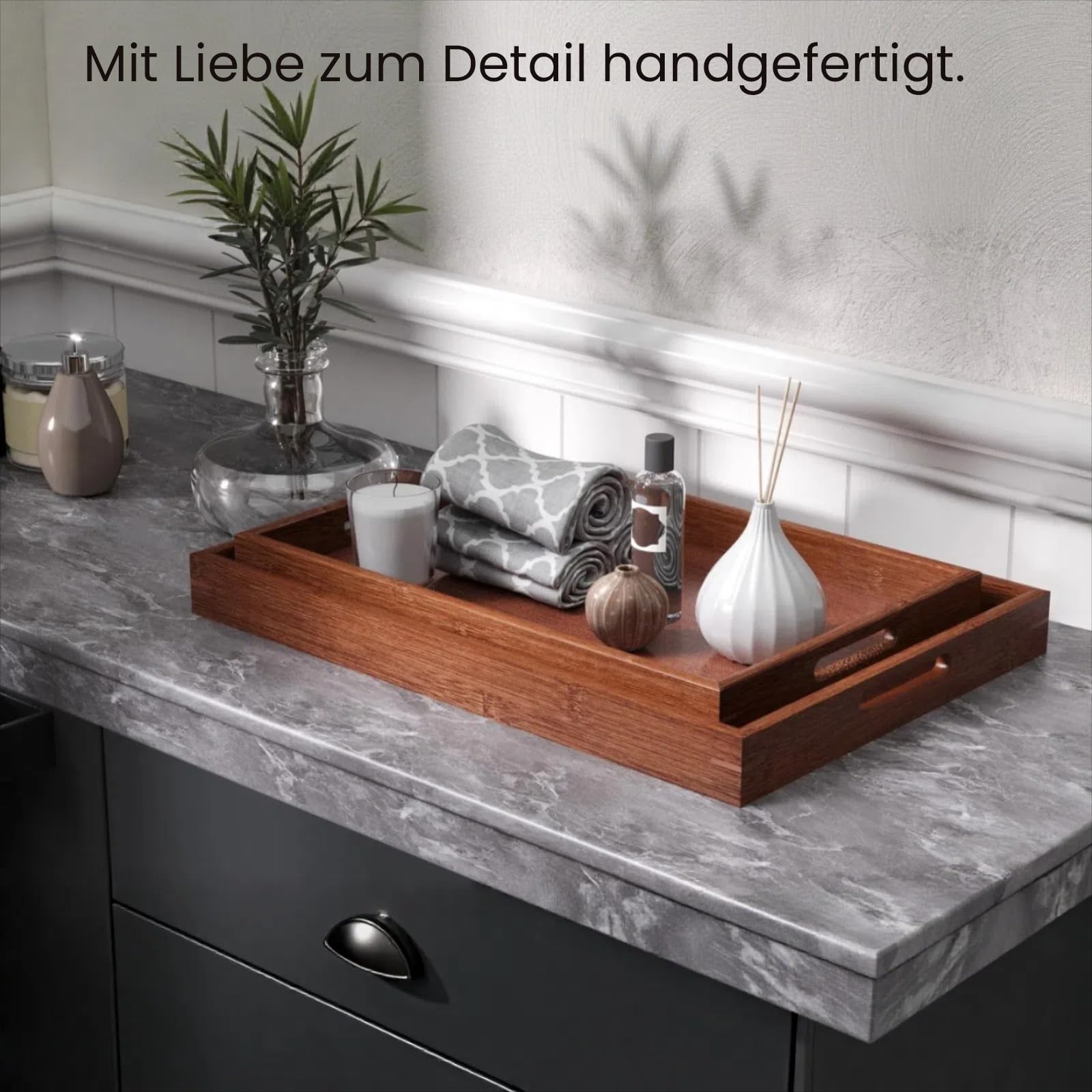 Fibogollo 2er Set Bambus Serviertablett, Deko Tablett Serviertabletts mit Griffen,Groß Küchentablett Servierplatten für Frühstück Geschirr Getränke(Braun)