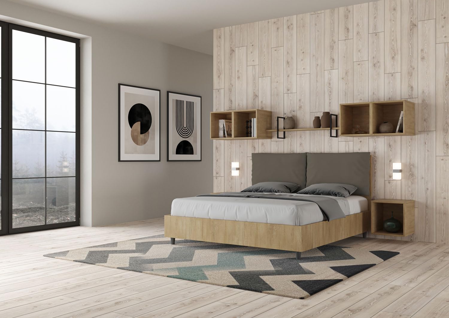 Bonussi Letto Matrimoniale 160x200 cm con Rete e Contenitore Struttura Quercia con Cuscini in Similpelle Egos Antea Cappuccino