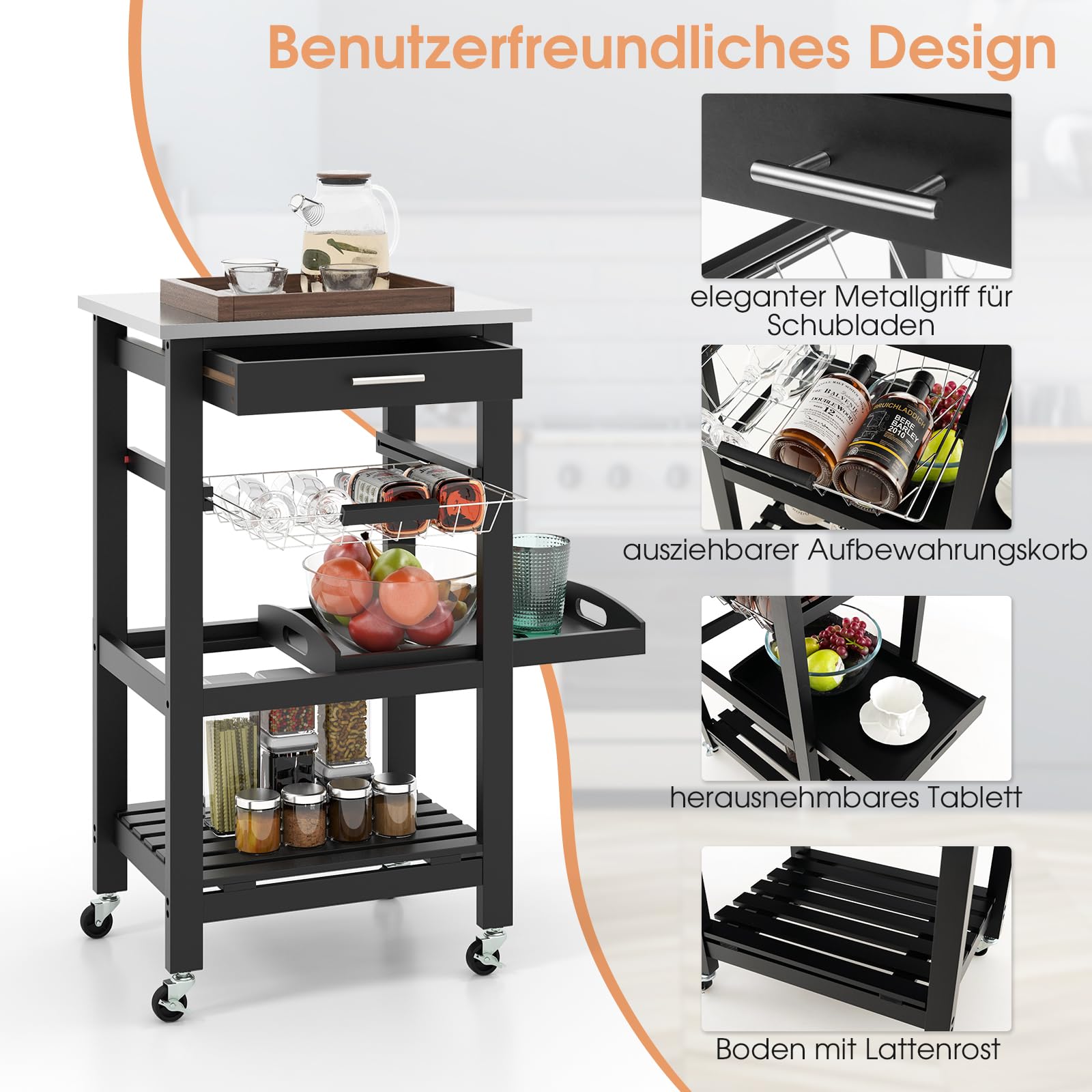 COSTWAY Kleiner Küchenwagen, Servierwagen auf Rollen, Küchenregal mit Arbeitsplatte aus Edelstahl, Schublade & Korb, Rollwagen Küche, Kücheninsel Küchentrolley, 47 x 39 x 85 cm (Schwarz)