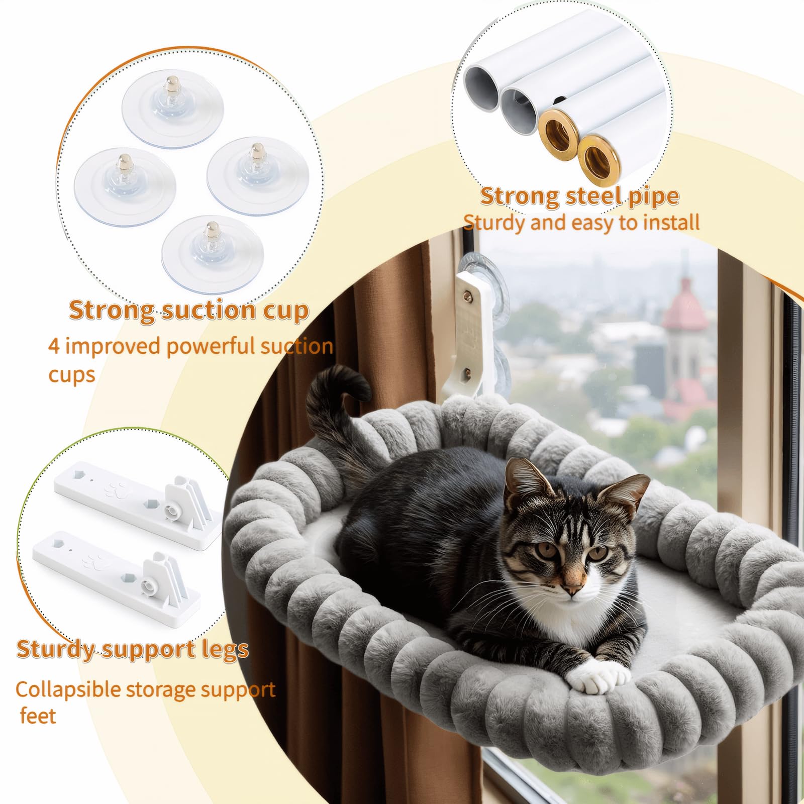 CareCooo Amaca per Gatti da Finestra, Lettino per Gatti con Ventose, Cuccia Gatto Finestra Pieghevole, Morbido Cuscino Lavabile per Riposo e Vista Panoramica, Resistente fino a 18 kg, 52x30cm, Grigio