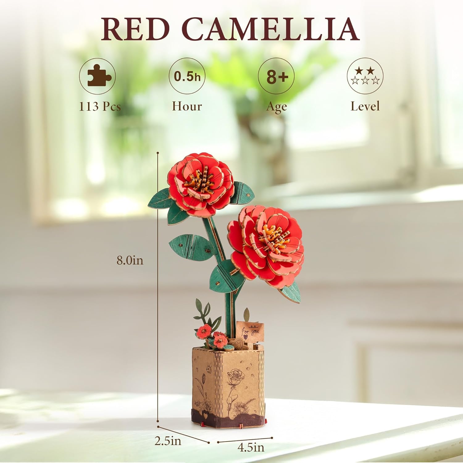 ROBOTIME 3D Wooden Red Camellia Flower Puzzle assembled, showing its dimensions of 8.0 inches height, 2.5 inches width, and 4.5 inches depth.