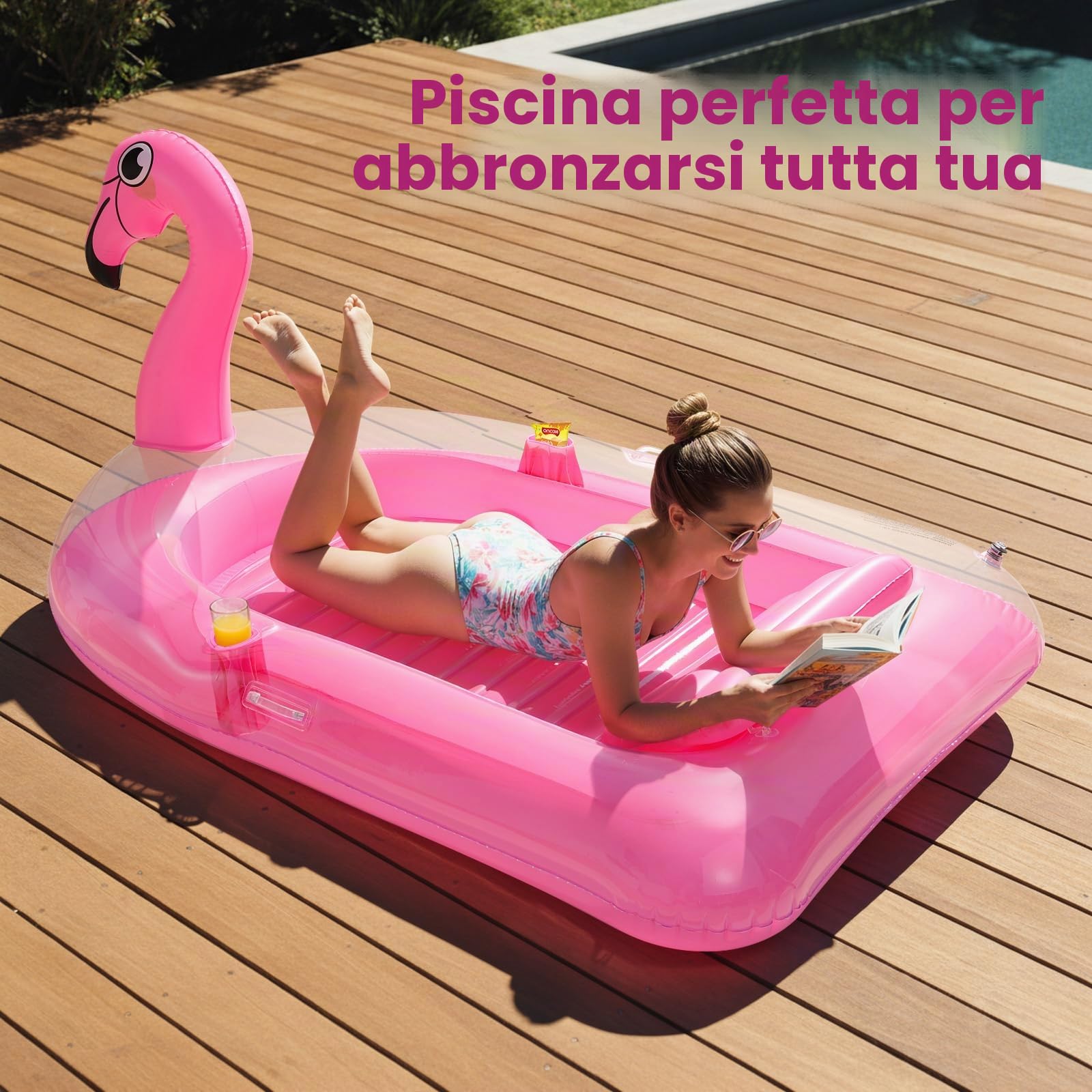 HeySplash Lettino Abbronzante Gonfiabile, Materassino Gonfiabile da Flamingo con Portabicchieri, Cuscino Rimovibile e 2 Maniglie, Galleggiante per Adulti da Piscina, Spiaggia e Giardino