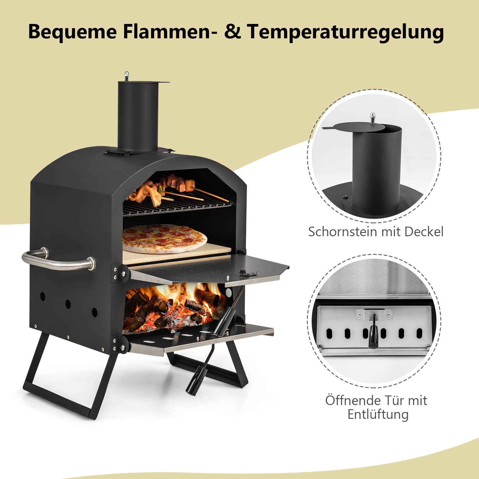 GYMAX Tragbarer Pizzaofen, Pizzabäcker mit klappbaren Beinen & Griffen, holzbefeuerter Pizzagrill mit 2-stöckigem Design & verstellbaren Belüftungsöffnungen, Holzbackofen mit Pizzastein