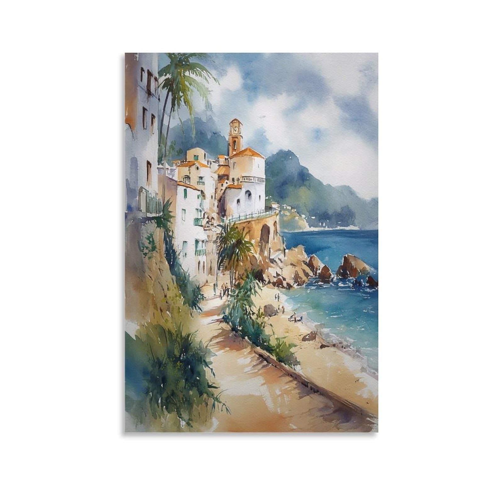 Cnaheiz Unframe-Style San Juan Puerto Rico Watercolor Painting Tropical Travel Art 20X30inch(50X75cm) Vintage Watercolor Canvas Art
