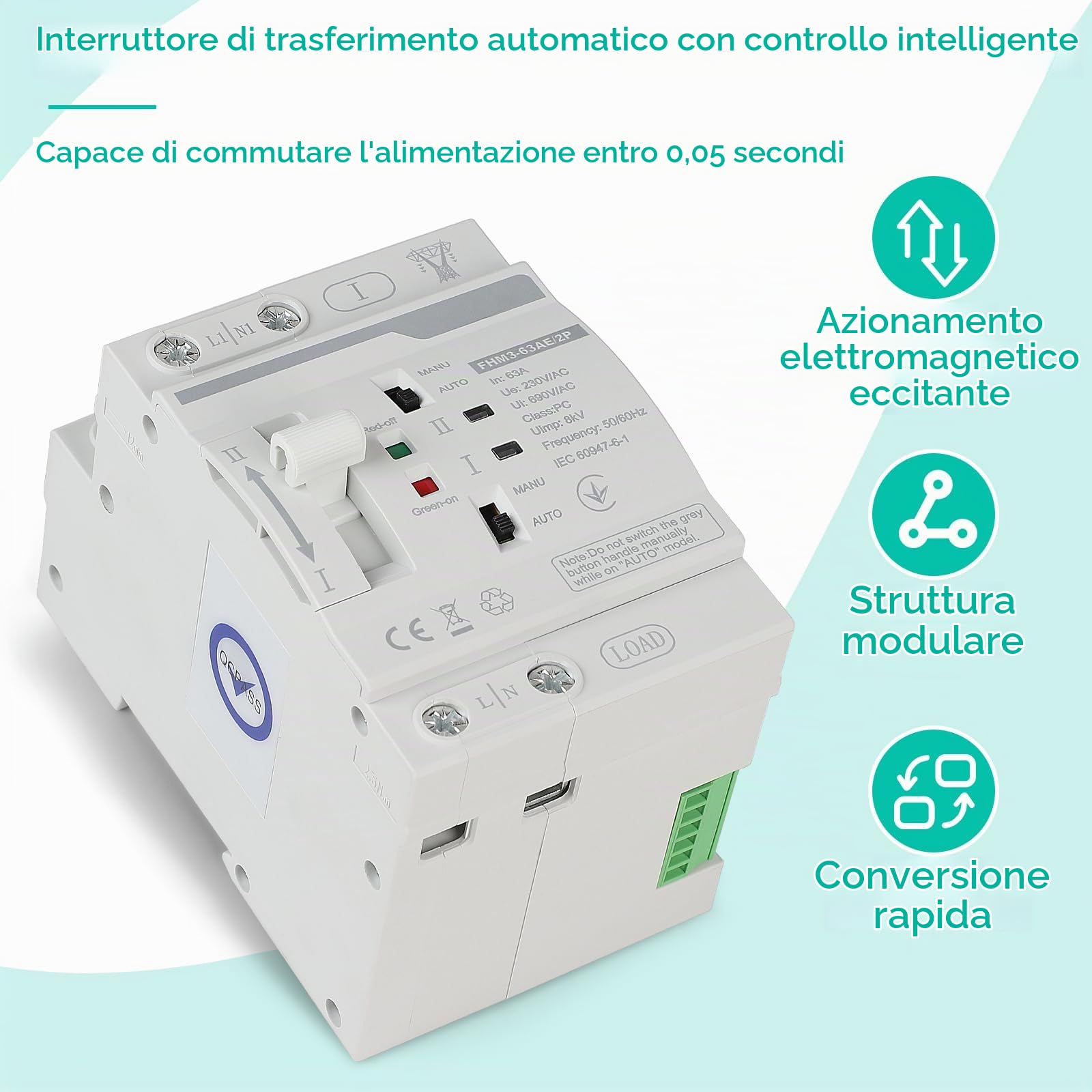 CPROSP Interruttore di Trasferimento Automatico 2 Poli DIN 220V 63A, Commutatore di Rete Automatico Fotovoltaico, Scaricatore di Sovratensione, ATS Fotovoltaico, per Impianti Domestici e Industriali