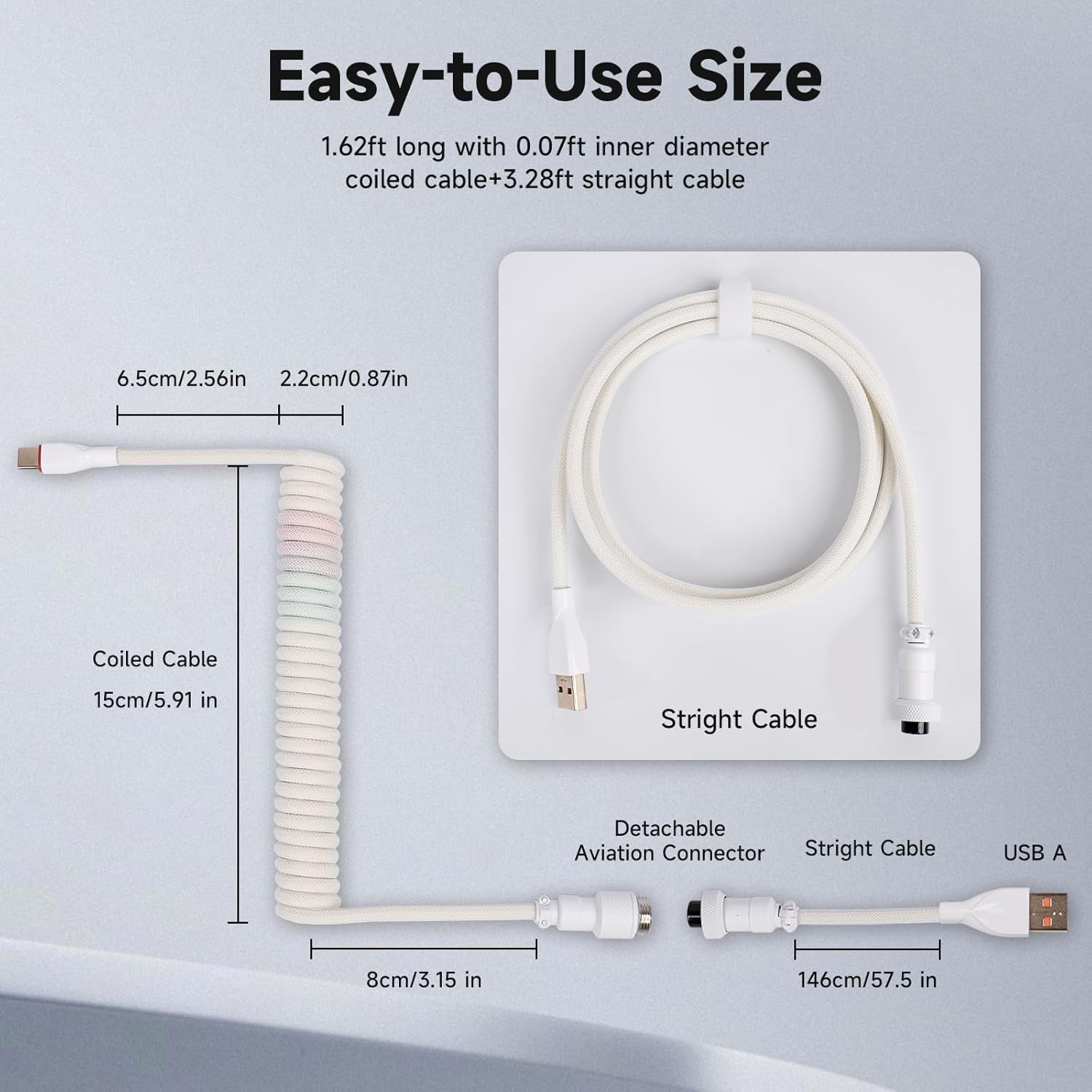 Coiled USB C Aviation Cable with Winder Rod for Gaming Keyboard Compatible Win/iMac/PC, USB A to USB C Braided Mechanical Keyboard Cable, Double-Sleeved Cable with Detachable Metal Aviator (Pastel)