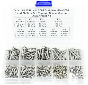 225Pcs M3 304 Stainless Steel Countersunk Flat Head Phillips Cross Wood Screws Drive Self Tapping Drilling Screw Assortment Kit- M3 x 6mm/ 8mm/ 10mm/ 12mm/ 14mm/ 16mm/ 18mm/ 20mm/ 25mm