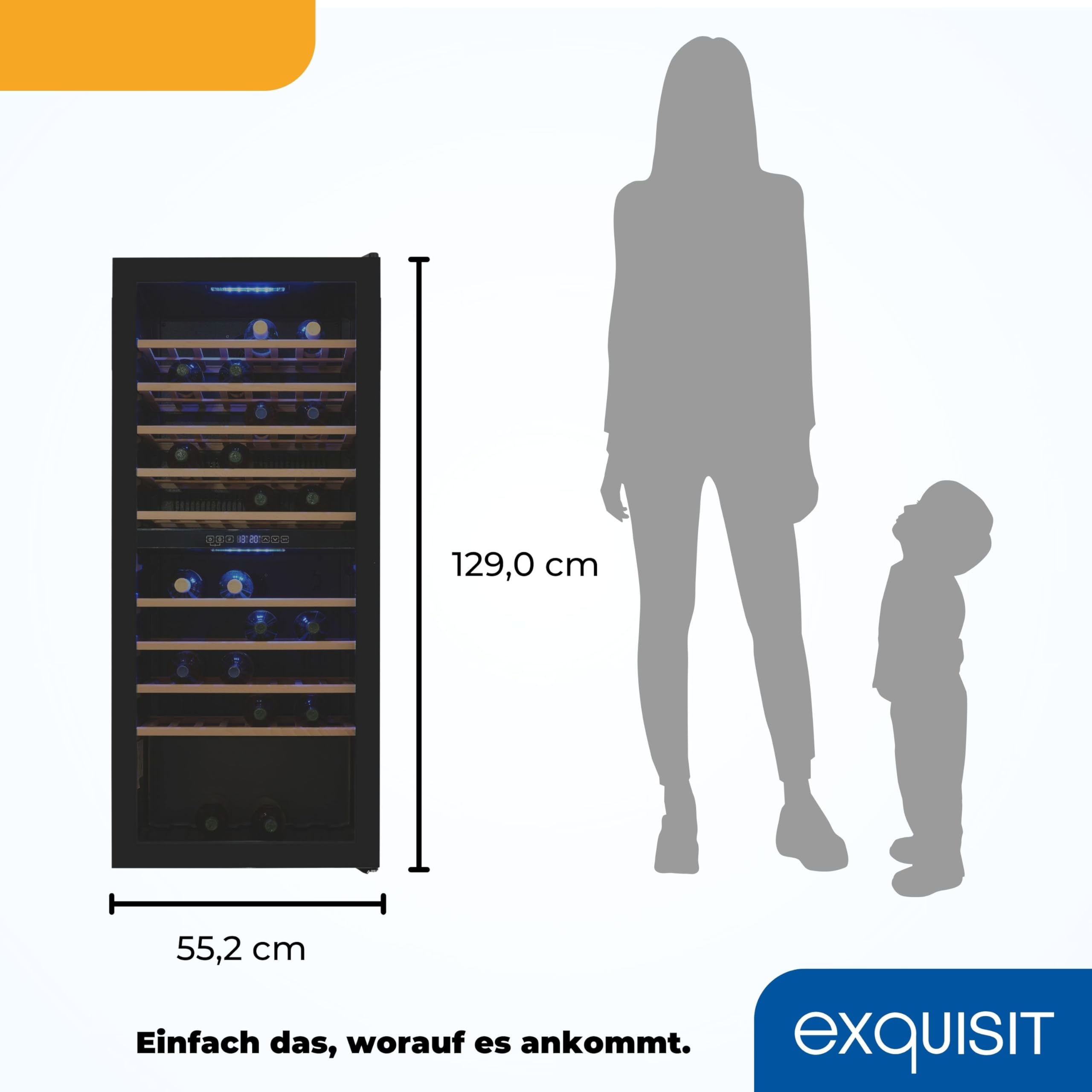 Exquisit Weinkühlschrank 2 Zonen - Weintemperierschrank für 114 Flaschen | Weinklimaschrank mit 220 Liter Volumen, 9 Holzablagen, Umluftventilator, LED-Beleuchtung und Digitalanzeige in Schwarz