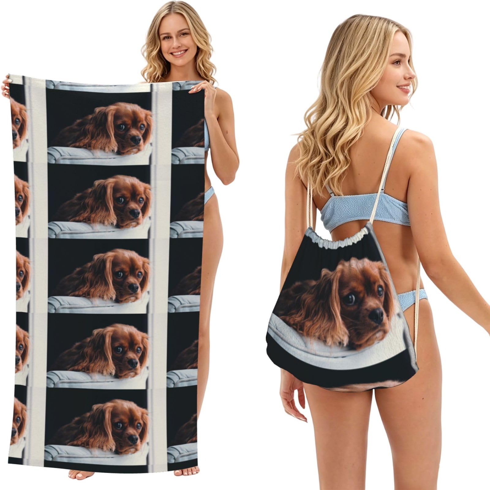 Poadnly As Picture Ruby Cavalier King Charles Spaniel Puppy Dog, 2 In 1 Packable Towel Bag, Beach Towels With Drawstring Backpack For Travel Holiday Camping