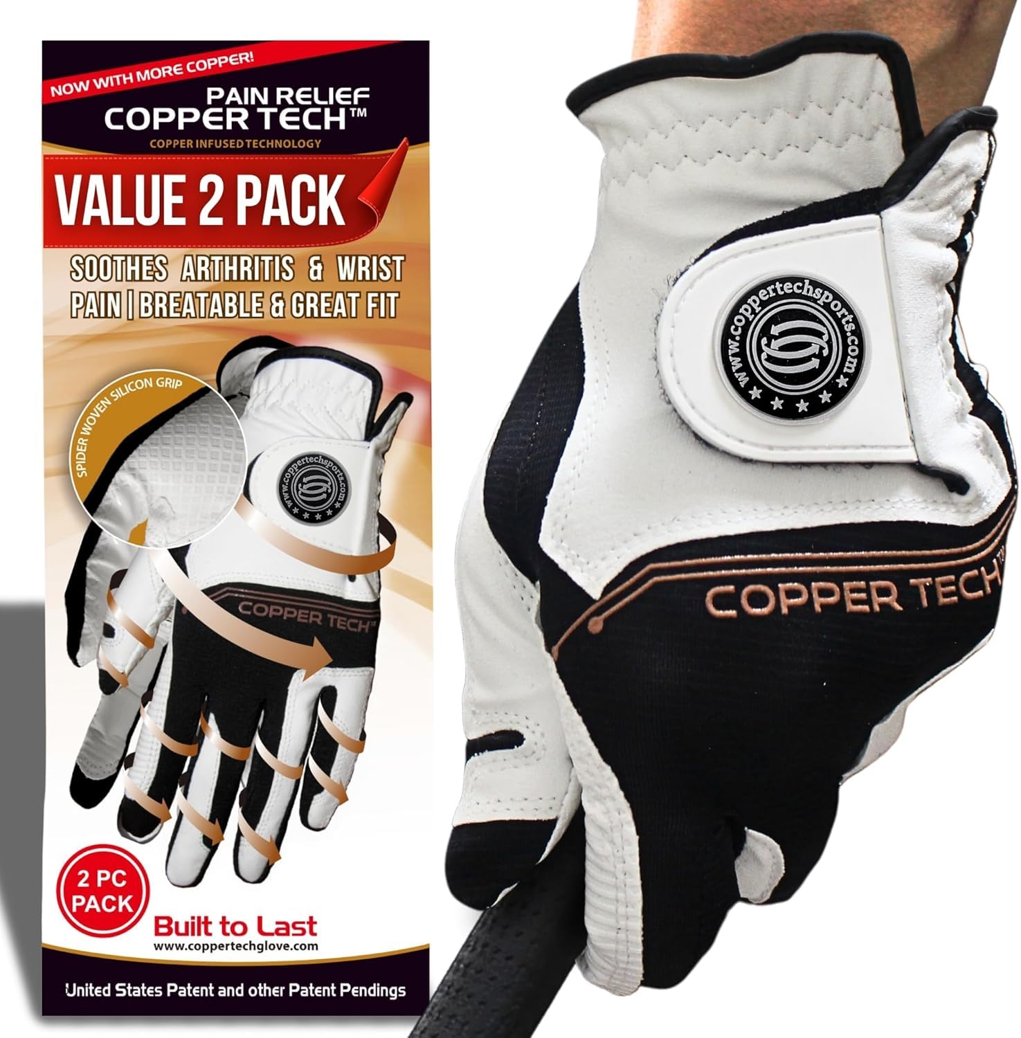 Copper Tech Golf Gloves Men Right Handed Golfer Or Left Handed Golfer (2 Pack) | Copper Compression Joint Support with Flexible & Comfortable Fit | AAA Leather Construction & Tacky Silicone Pad