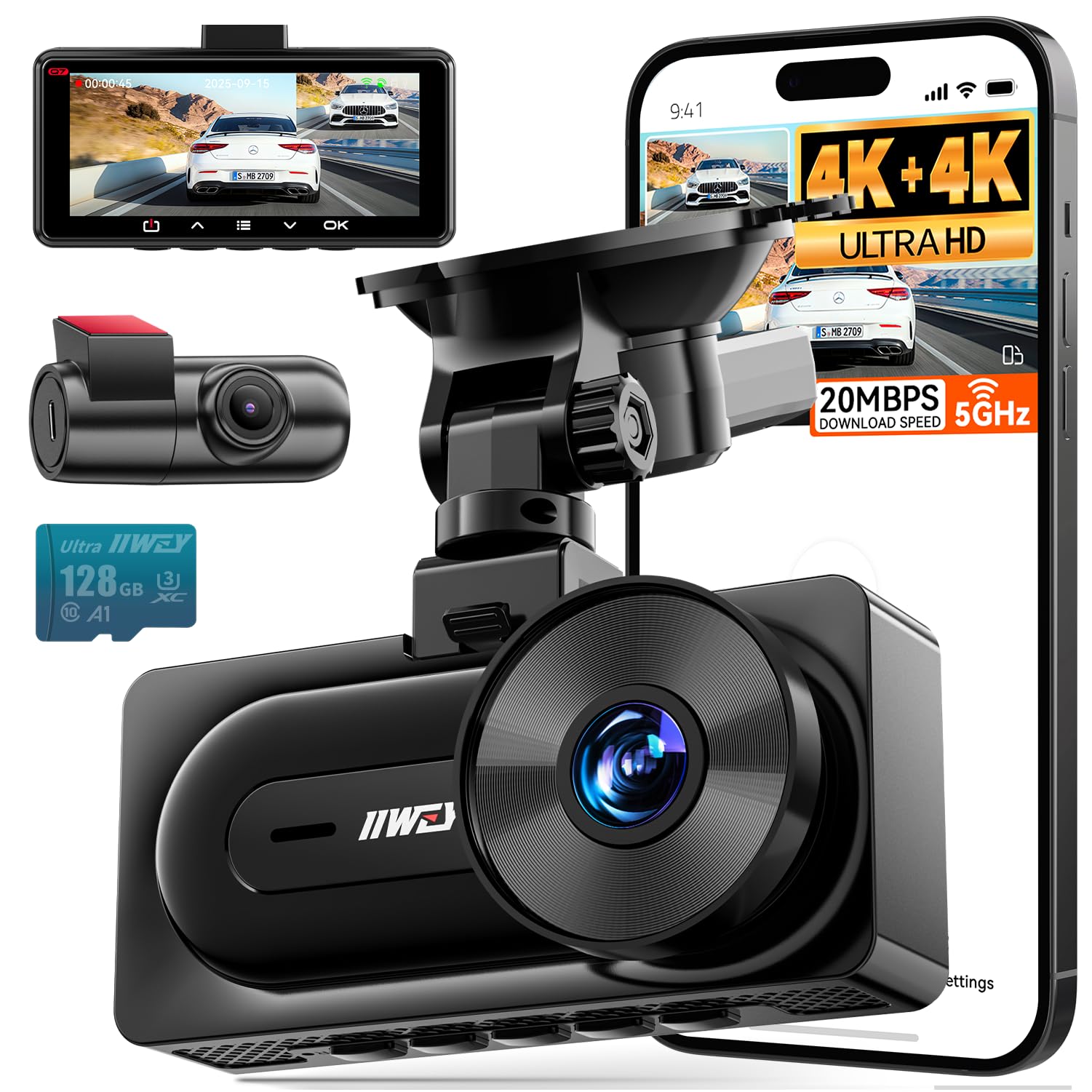 IIWEY 4K+4K Dash Cam Front and Rear, Dual STARVIS w/HDR, 5G WiFi-6 (up to 20MB/s) with App, 128G SD Card Included, GPS, Dash Camera for Cars with 24/7 Parking Mode, 3.18 Inch IPS, 170¡ã Wide Angle