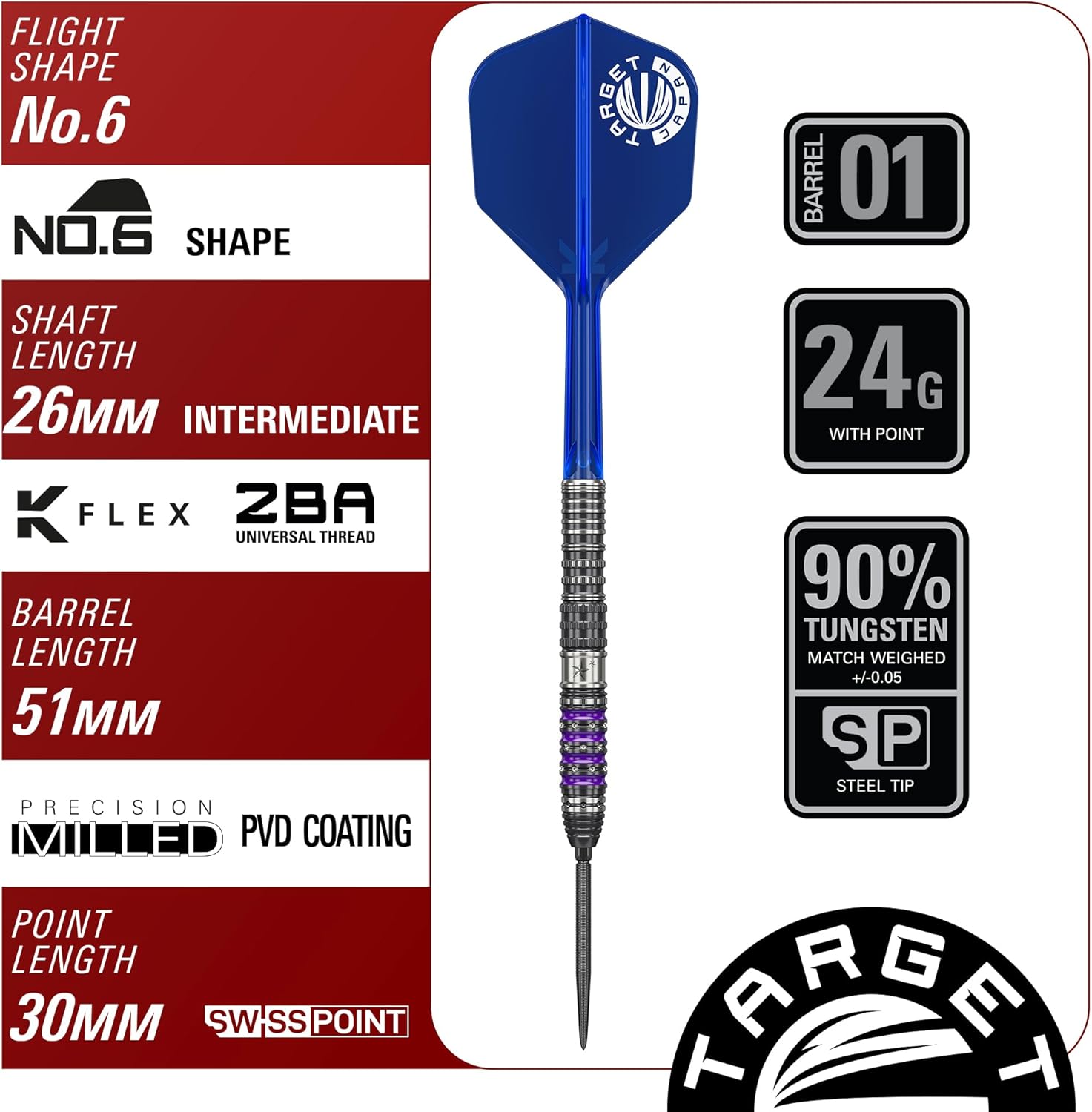 TARGET Japan Prime Series Sirius G4 Darts with Kflex, 22G/24G | 90% Tungsten Dart Set, K-Flex Flights and Shafts No.6, 2BA Steel Tips, Player Yuta Hayashi Gen 4