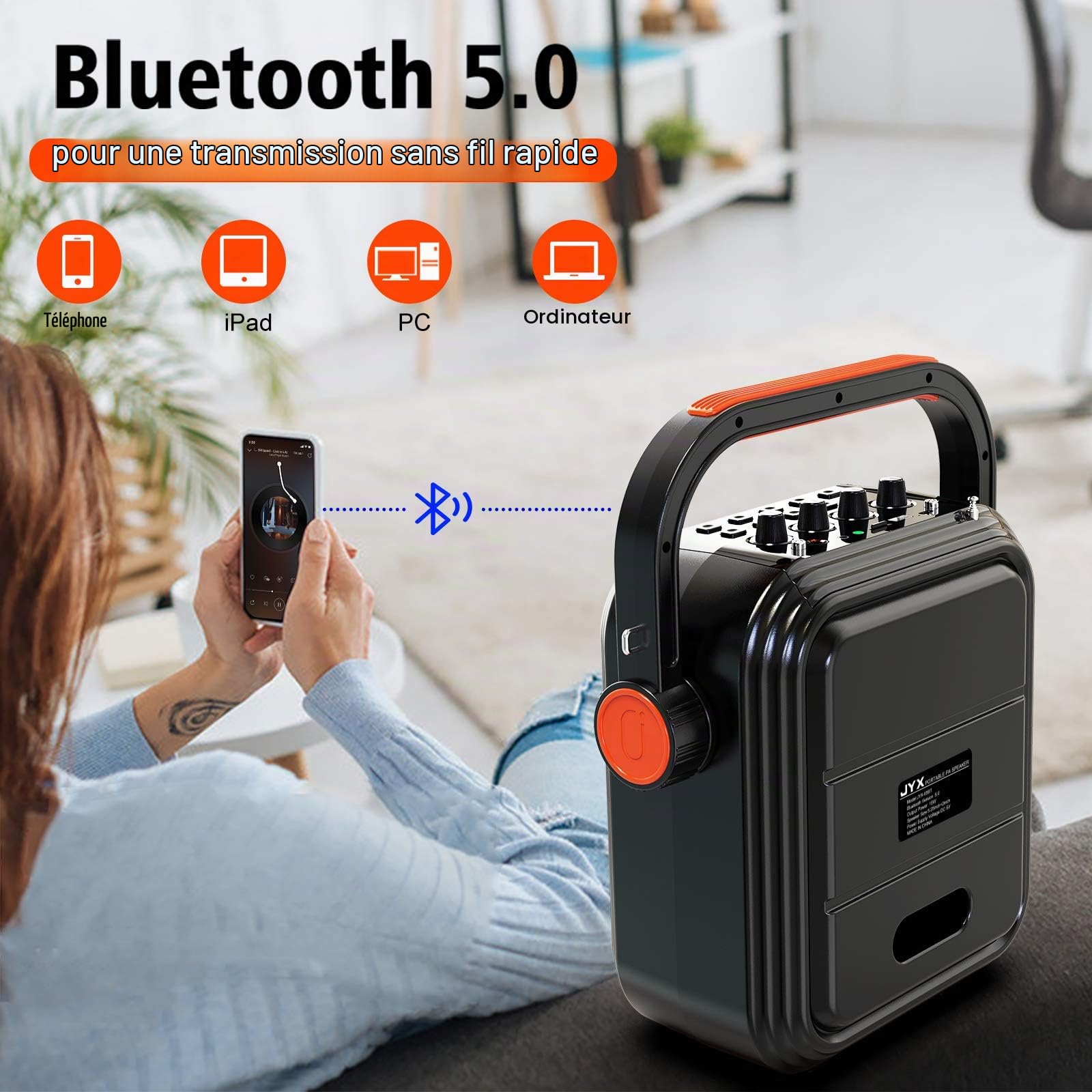 JYX Karaoke Adulte, 80W Puissance Enceinte Karaoké Portable avec 2 Microphones sans Fil, Réglage Basse/Aigu, Autonomie 12h, Bluetooth 5.3, Karaoke Professionnel Compatible TF/USB/AUX/TWS, Couleur