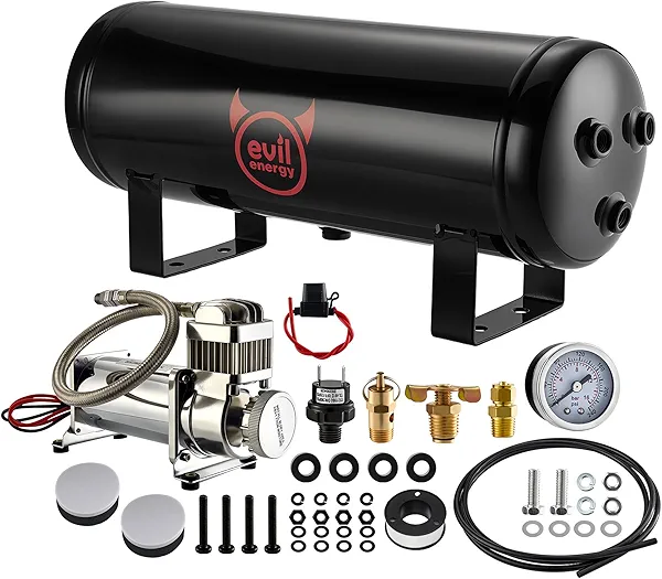 EVIL ENERGY 1.5 Gallon Air Compressor and Tank Kit 6 Ports 1/4" NPT 150 PSI Rated 12V Air Tank Compressor for Truck, Air Horn, Inflating Tires, Suspension Systems, Train Horn, DIY Pneumatic Tools