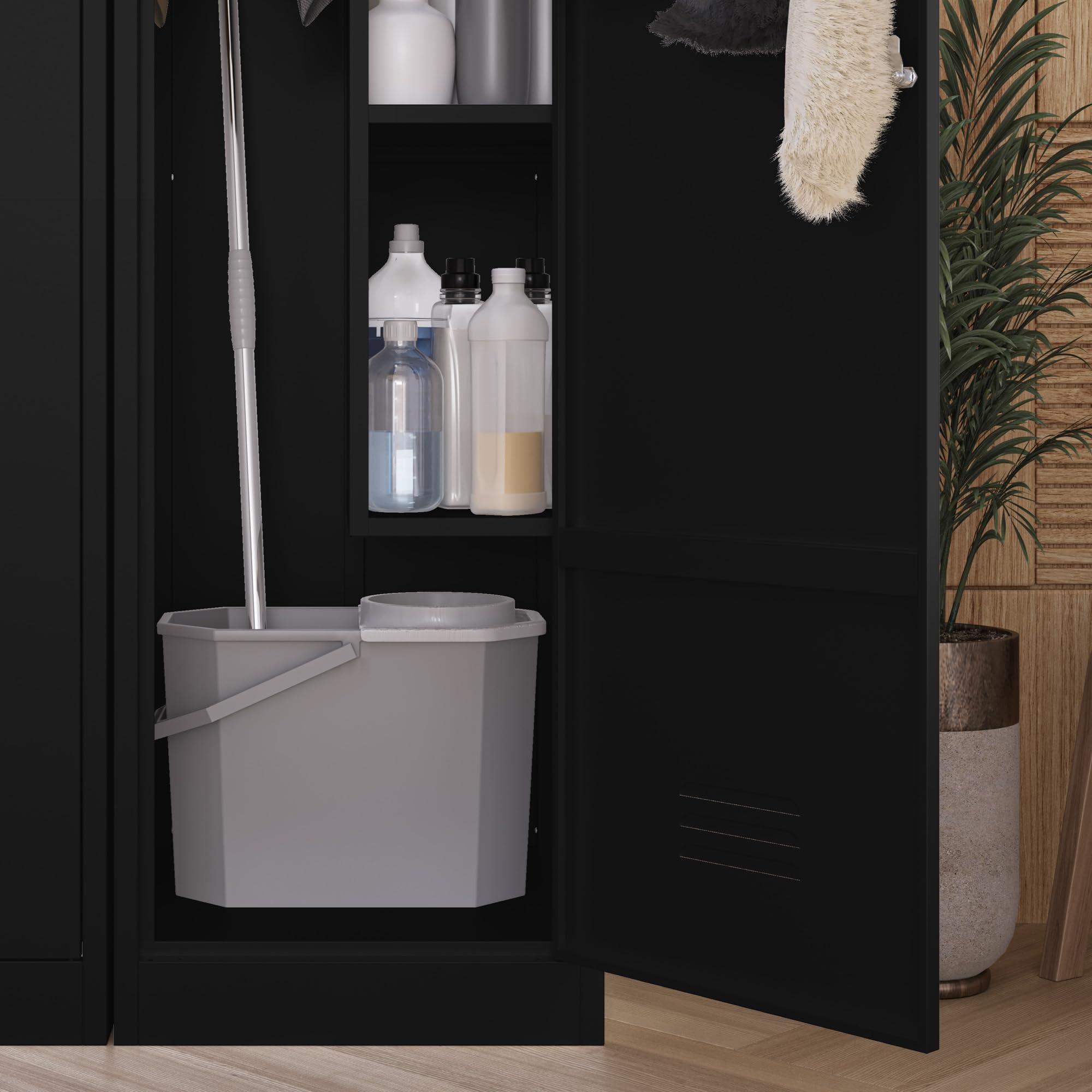 Jan Nowak Armoire de Rangement, Multifonction, Vestiaire Metallique | 185 cm x 50 cm x 50cm | Étagères, Crochets à vêtements | Fentes de Ventilation, Porte-étiquette, Verrouillable, Noir