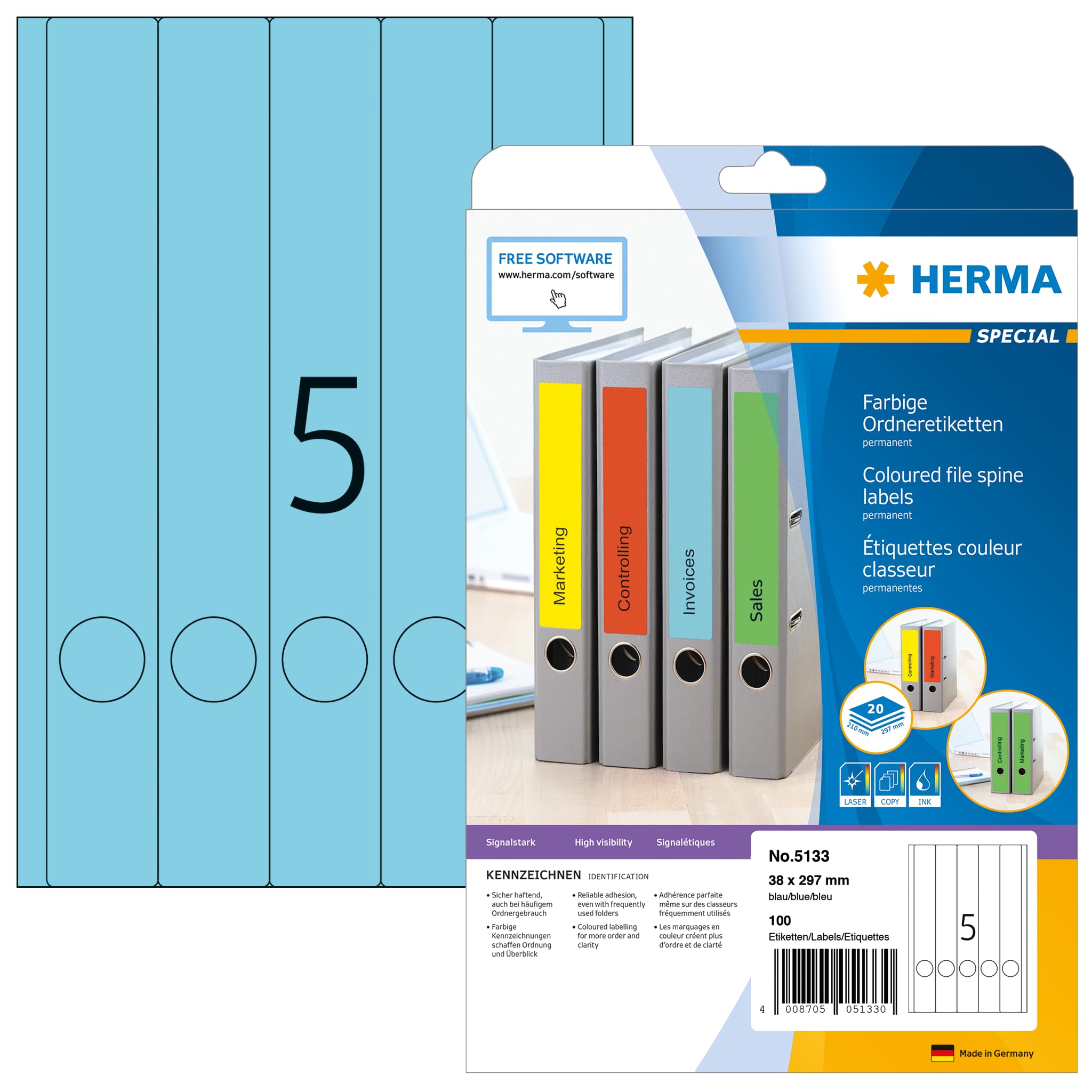 HERMA 5133 Ordnerrücken Etiketten lang schmal, 640 Blatt, 38 x 297 mm, 5 pro A4 Bogen, 3200 Stück, selbstklebend, bedruckbar, blickdicht, blanko Papier Ordneretiketten Rückenschilder Aufkleber, blau