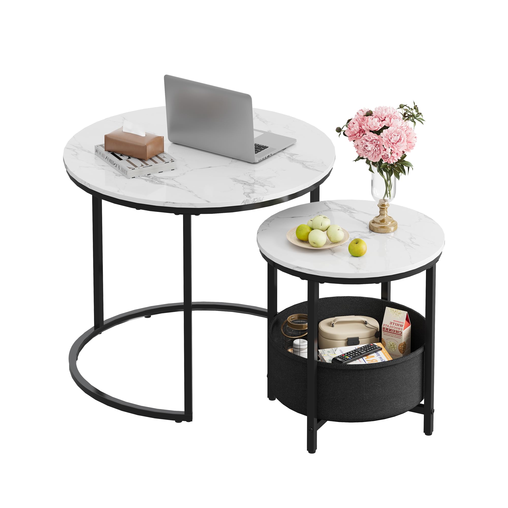 WLIVE Couchtisch 2er Set, Beistelltisch Rund mit Stauraum, Wohnzimmertisch Holz mit Metallrahmen, Sofatisch für Wohnzimmer Schlafzimmer (Marmor Weiß, 60 cm und 40 cm Durchmesser)
