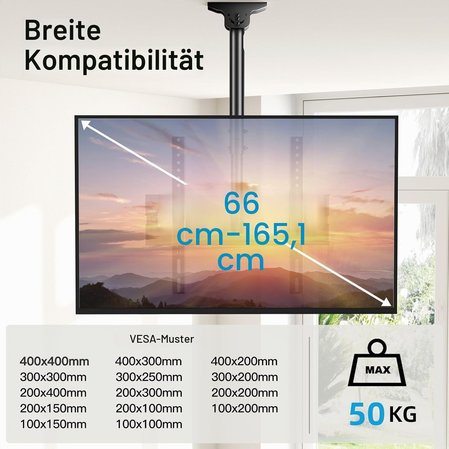 PERLESMITH TV-Deckenhalterung – TV-Halterung neigbar und schwenkbar, verstellbar für Bildschirme von 26 bis 65 Zoll – Dachhalterung Full-Motion trägt 50 kg mit VESA 400 x 400 mm