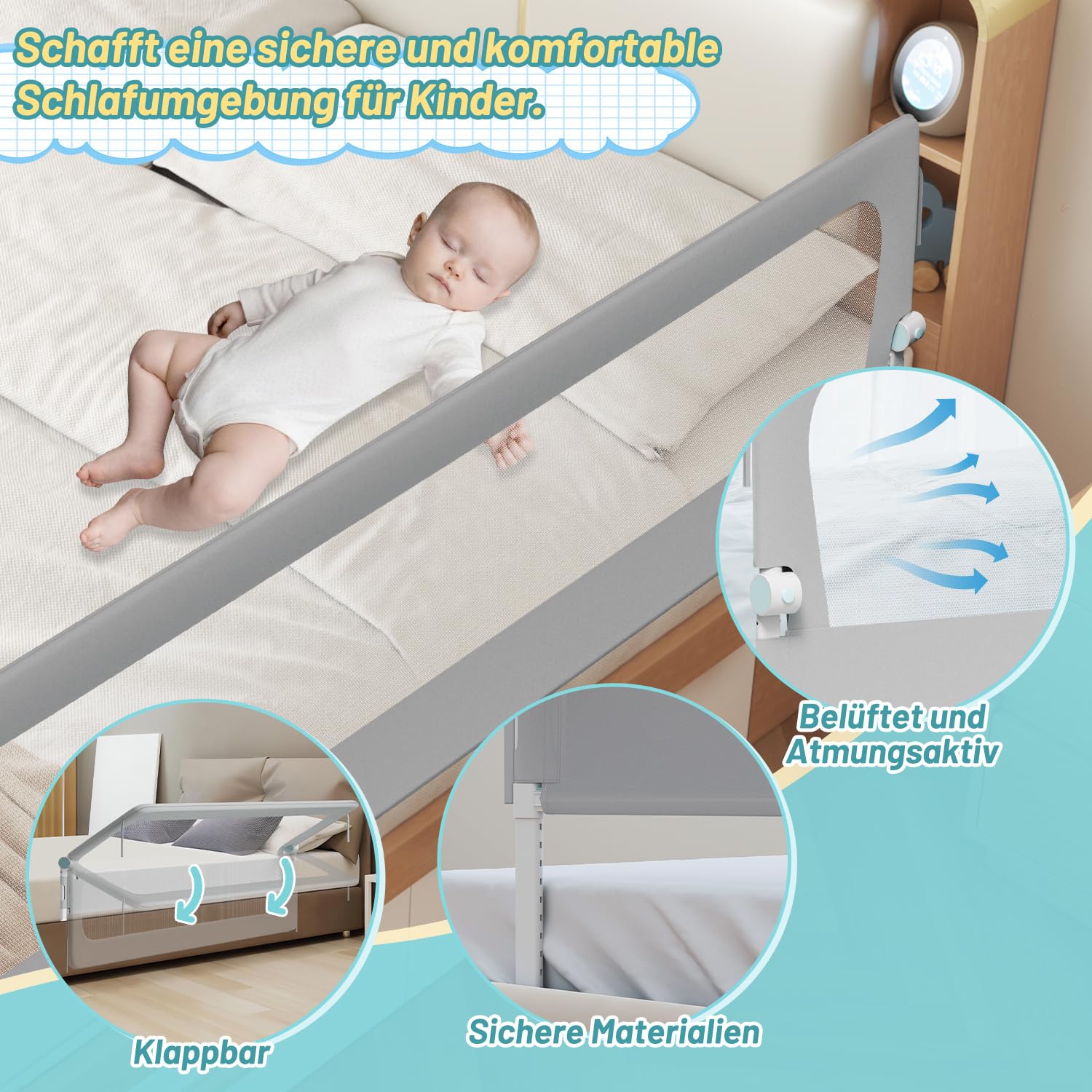 Bettschutzgitter 200×68 cm Rausfallschutz Bett – extra breites halb klappbares Bettgitter für Baby & Kleinkind, höhenverstellbar 72–86 cm, Stabiler Trapezfuß, 300G Oxford-Stoff, Grau