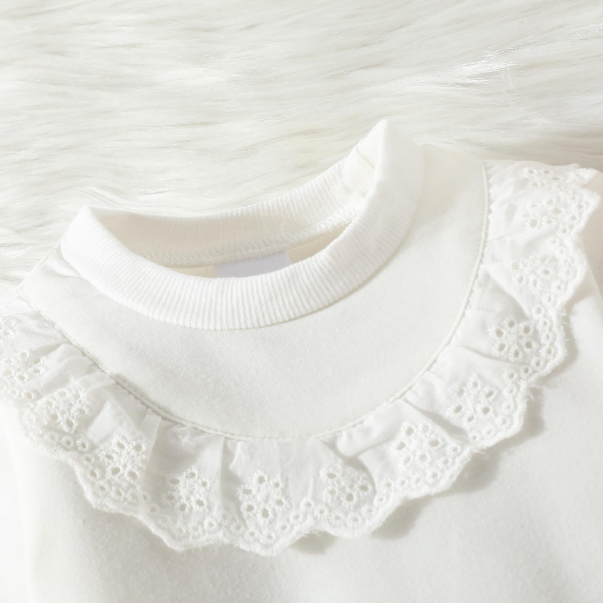 Yanmucy Sweatshirt pour Bébés Filles Vêtements Coton à Volants et Dentelle Sweatshirts Crewneck à Manches Longues Jumper Top Décontracté (FR/ES, Âge, 12 Mois, 18 Mois, Blanc)