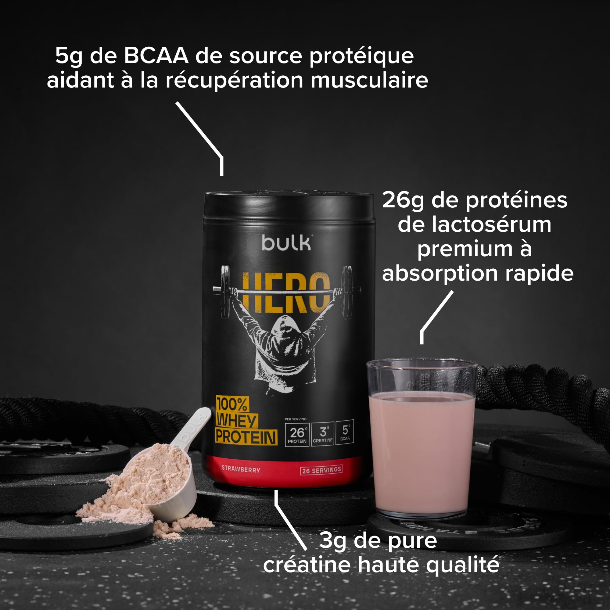 Bulk Hero 100% Whey Protéine en Poudre | Fraise | 65 Portions | 26g Protéine + 3g Créatine | 5g BCAA | Faible en Sucre | Absorption Rapide | Isolat, Hydrolysat & Concentré