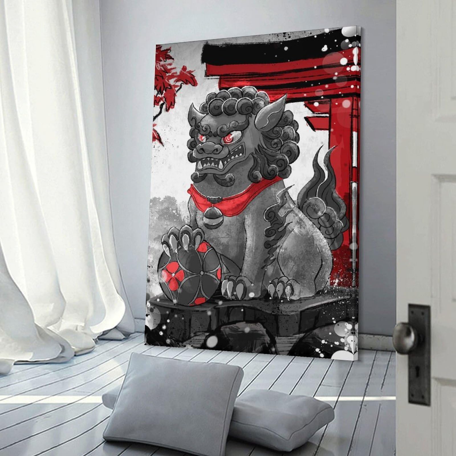 Junmoney Komainu Statue with Torii Gate Home Decor Wall Art 20x30inch(50x75cm), for Art Walls, Layered Displays Or Homes, A Versatile Canvas Print for Layering