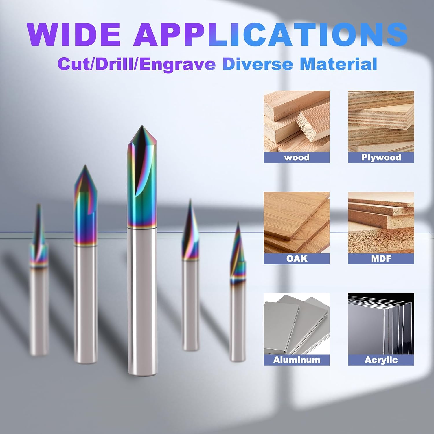 5pcs CNC Wood Carving Router Bit Set 1/4'' Shank,15° Detail Carving Liner+ 20° Profile bit+30°+60°+ 90° V Groove Router Bit, DLC Coating Tungsten Soild Carbide CNC Milling Cutter Engraving Router