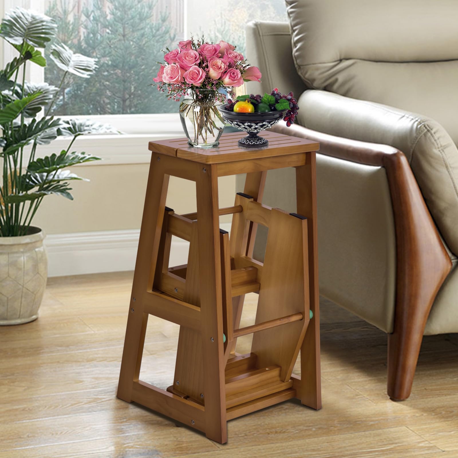 COSTWAY Sgabello Scaletta 3 Gradini in Legno di Pino, Sgabello Scala Pieghevole Salvaspazio, Scaletta 3 Gradini a Ribalta, Capacità Portante 150 kg, 57 x 38,5 x 66cm (Naturale)