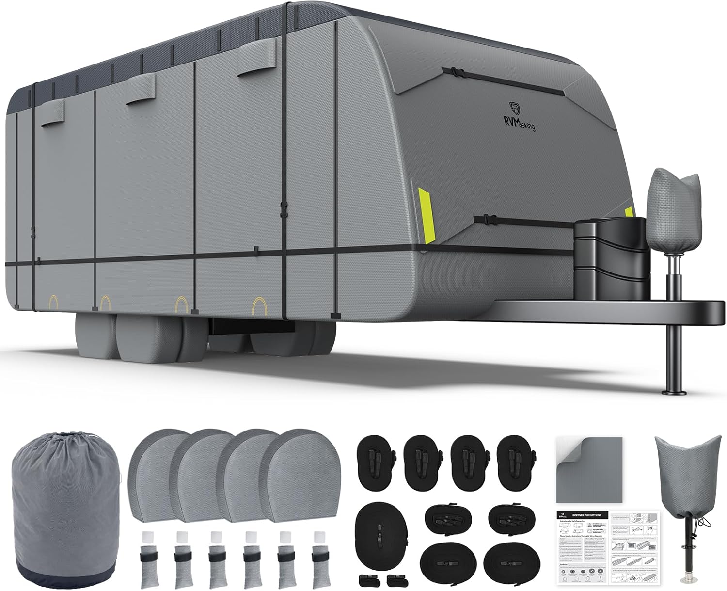 RVMasking RV Cover for 28' 7"-31' 6" - 600D Oxford Fabric Waterproof Rip-Stop, Heavy Duty Travel Trailer Cover with 3Pcs Windproof Straps, 4 Tire Covers & Tongue Jack Cover, Camper Cover Neutral Gray 28'7"-31'6" Neutral Gray