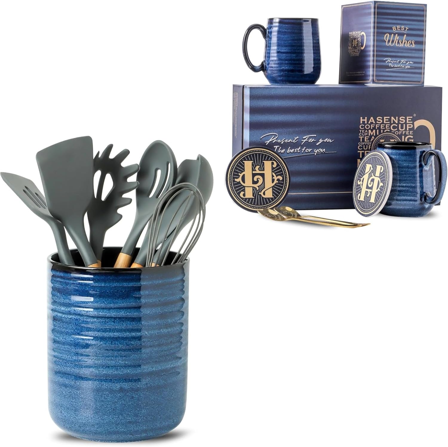 Hasense Ceramic Mug and Utensil Holder Gift Set