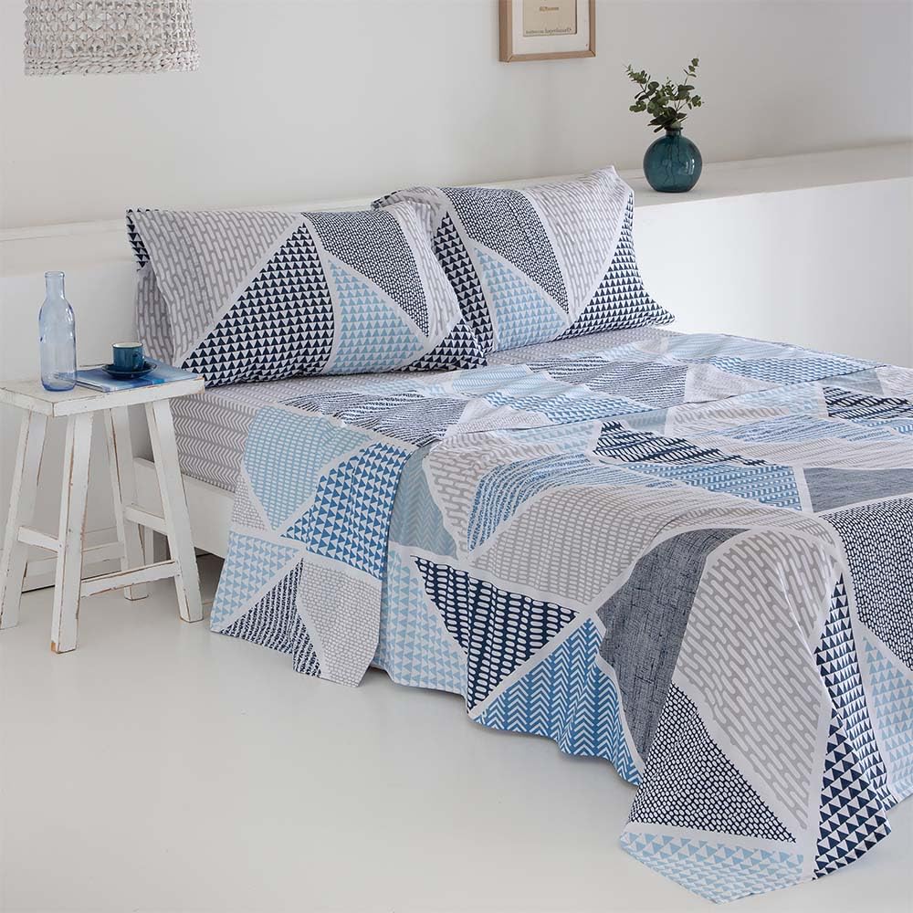 COTTON ARTean Juego de sabanas Cama de 150 Algodón poliéster GEKA Azul | Incluye 4 piezas: encimera, bajera ajustable, 2 fundas de almohada. Certificado OEKO-TEX