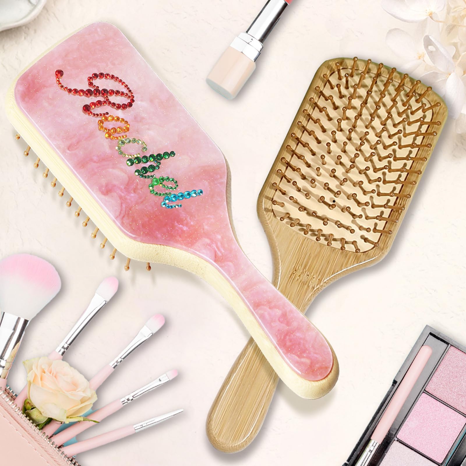Custom Cute Hair Brushes for Women Girls, Personalized Hair Brush Natural Wooden Bamboo Hair Brush with Name Customized Handmade Rhinestones Hairbrush