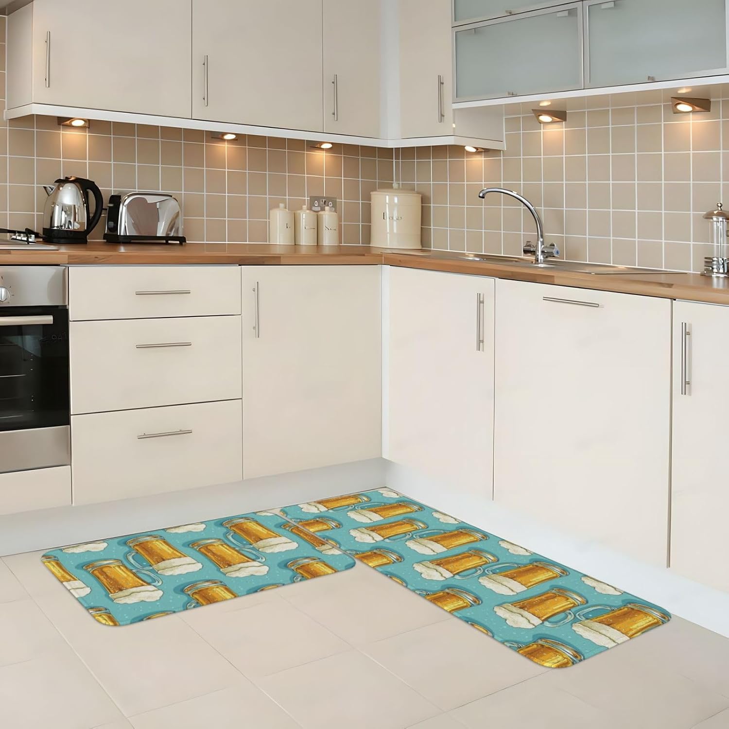 Cartoon Beer Print Kitchen Rugs Sets of 2 Non Slip Washable, Anti Fatigue Kitchen Mats for Floor, Home Decor