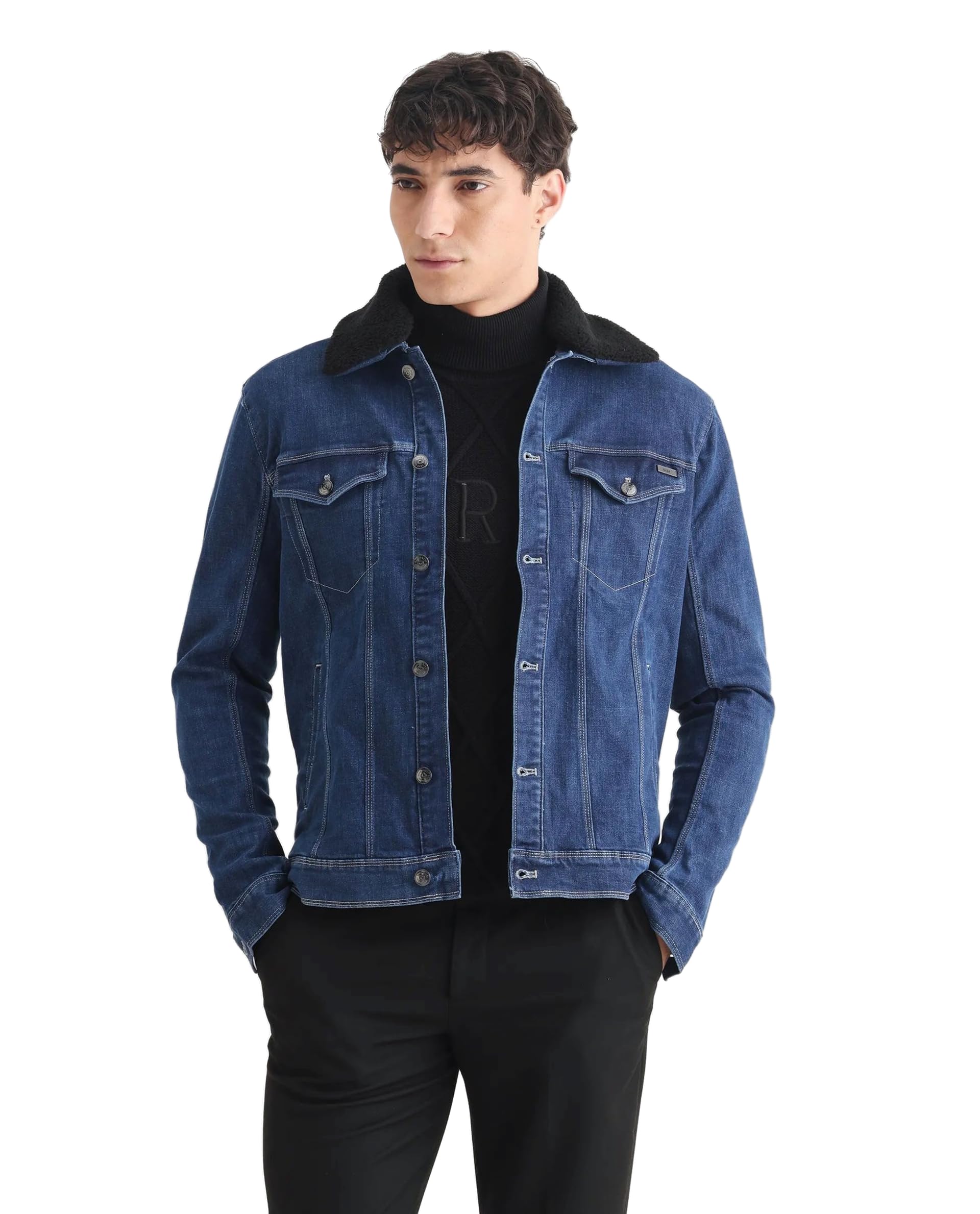Men Regular Solid Dark Blue Cotton Button-Front Denim Jacket-image-5