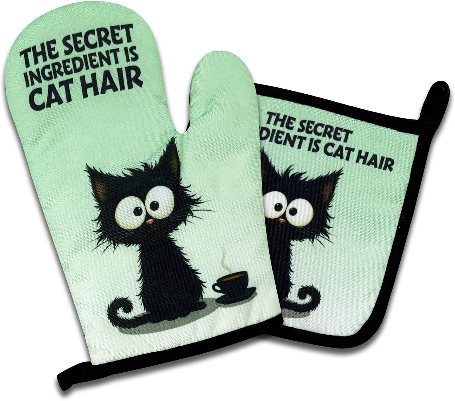 Cute Black Cat Oven Mitts and Pot Holders Set of 2, The Secret Ingredient is Cat Hair, Heat Resistant Non-Slip Kitchen Mitts Hot Pads, Pet Lover Gifts, Birthday Gifts for Hostess Mom Wife