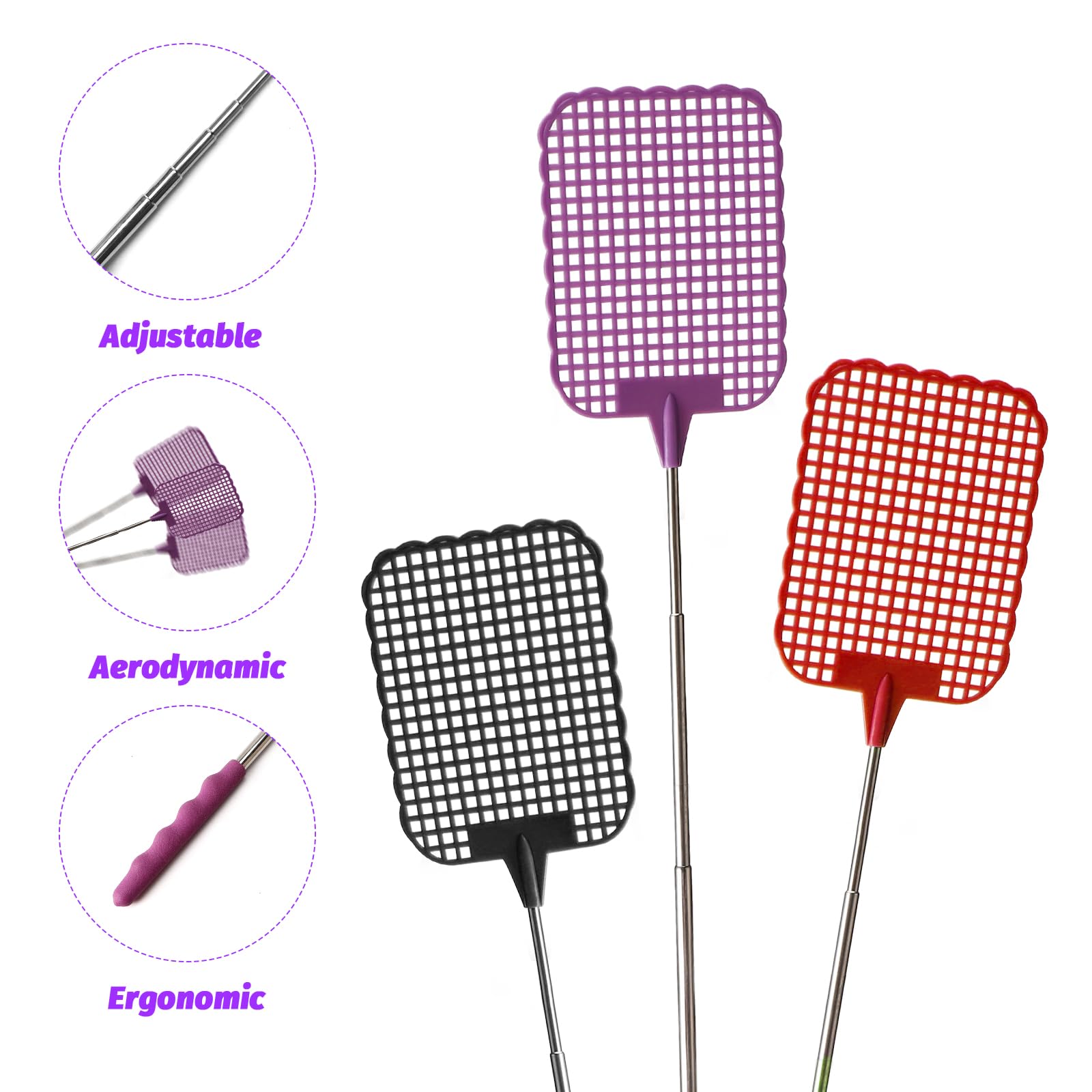 Tapette à Mouches Extensible Télescopique 28.5-77 Cm - Poignée Antidérapante - Pour Intérieur/Extérieur