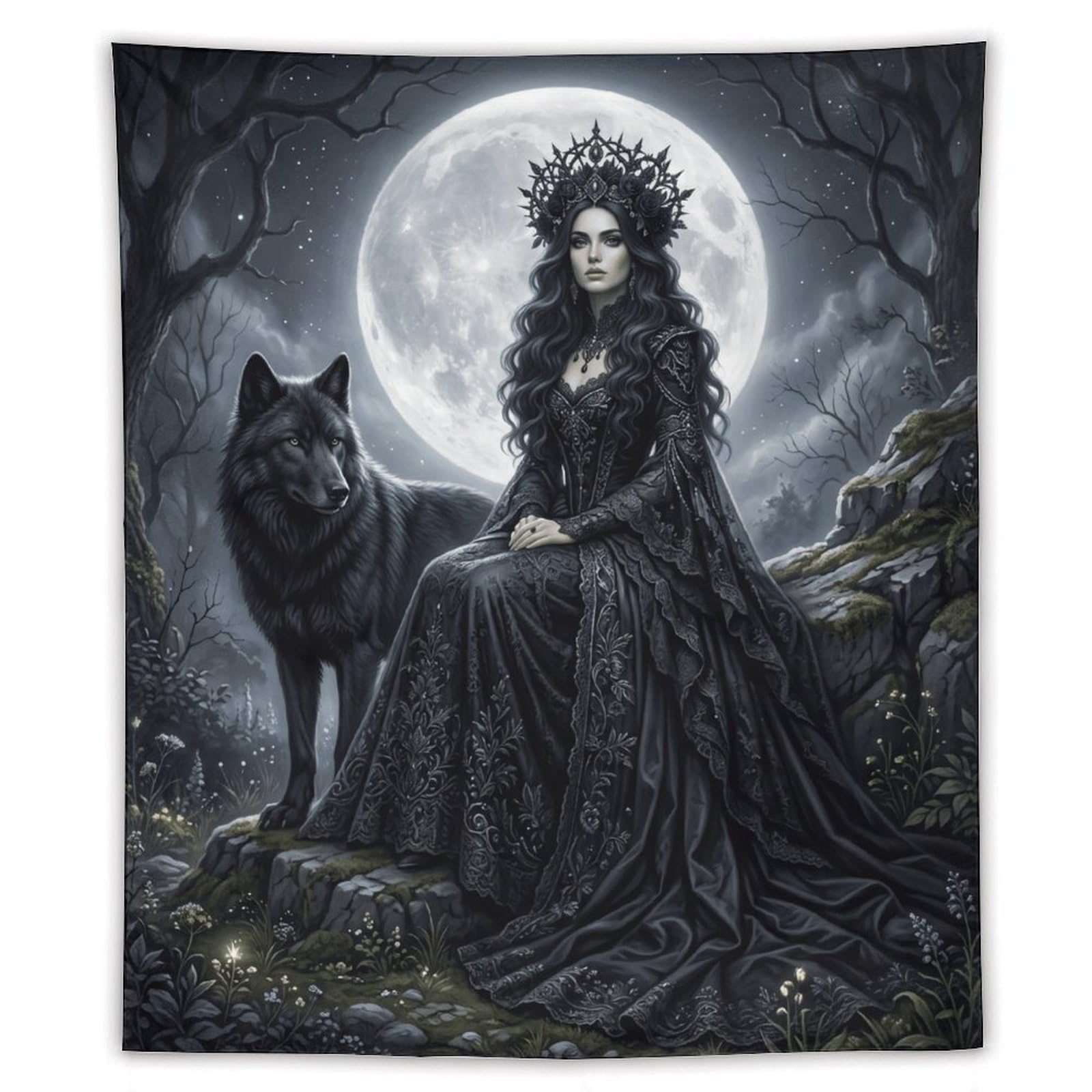 H3B8U2Y5 Dark Wolf Queen Forest Wall Tapestry, Realistic Illustration