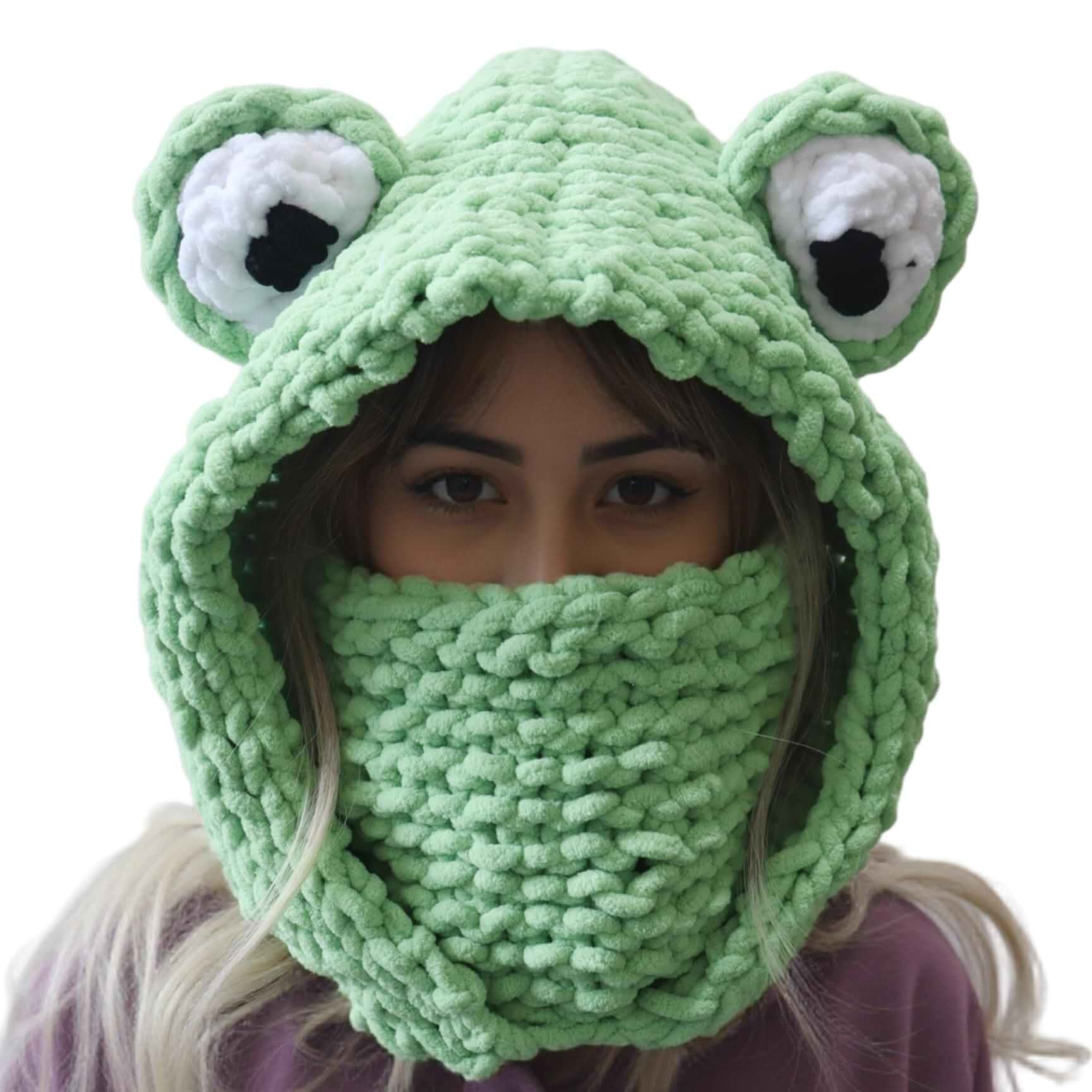Frog Mask Hat Hand Crochet Full Face Cover Knit Cap with Neck Warmer Cute Winter Warm Hat for Women, Green