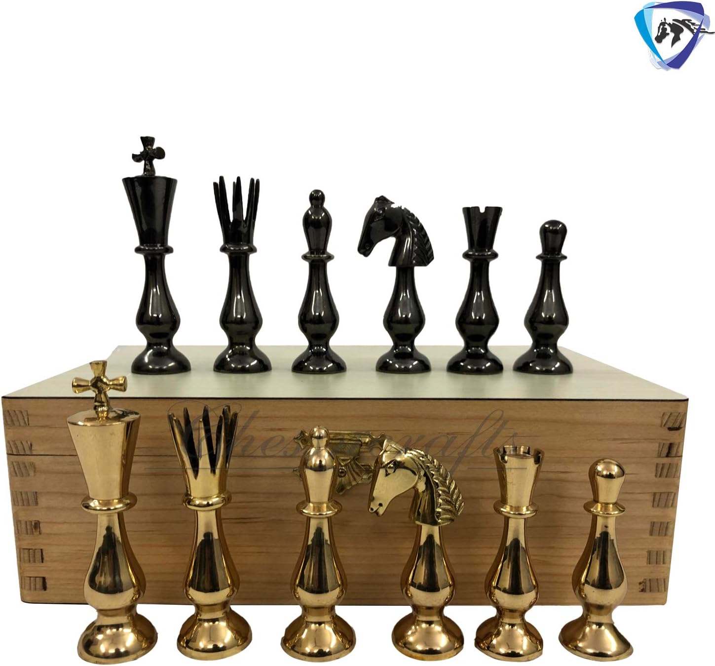 CHESSNCRAFTS BRASS METAL CLASSICAL CHESS PIECES COINS SET KING HEIGHT 3.5" with WOODEN STORAGE BOX - COLLECTORS EDITION CHESS MEN