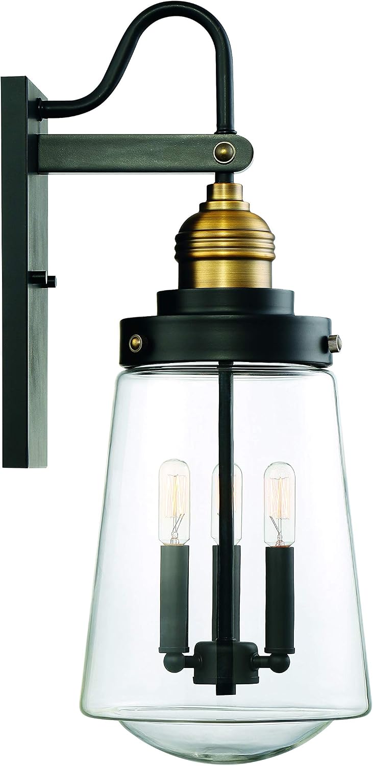 Savoy House 5-2068-51 Macauley Industrial Vintage Clear Glass Outdoor Wall Lantern, 3-Light 120 Total Watts, 24" H x 9" W, Vintage Black with Warm Brass