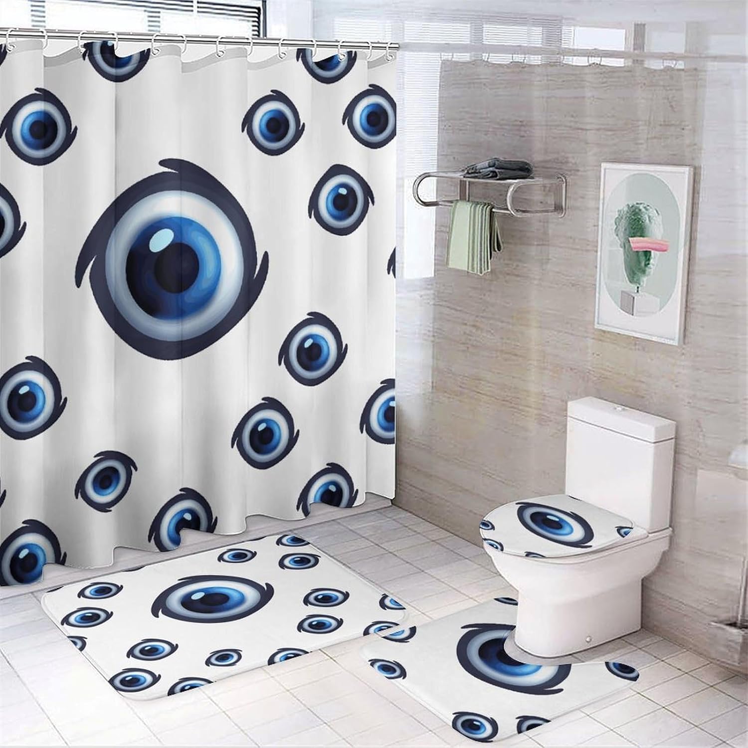 Evil Eyes 4Pcs Shower Curtain Set with Non-Slip Rugs, Toilet Lid Cover and Bath Mat,Bathroom Set Decor Accessories,Curtain Set with 12 Hooks, 72 X 72 Inch