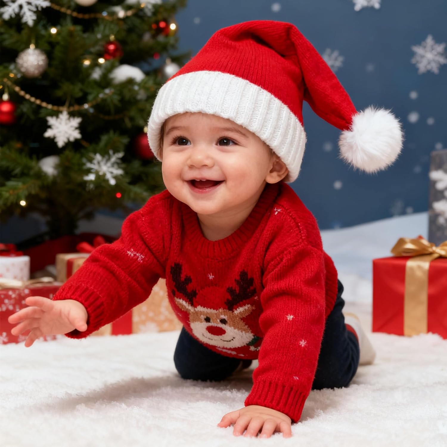 Baby Santa Hat Christmas Knit Santa Hat Kids Knitted Beanie for Infant Toddler 0 to 3 Years Old for New Year Festive Holiday Party Winter